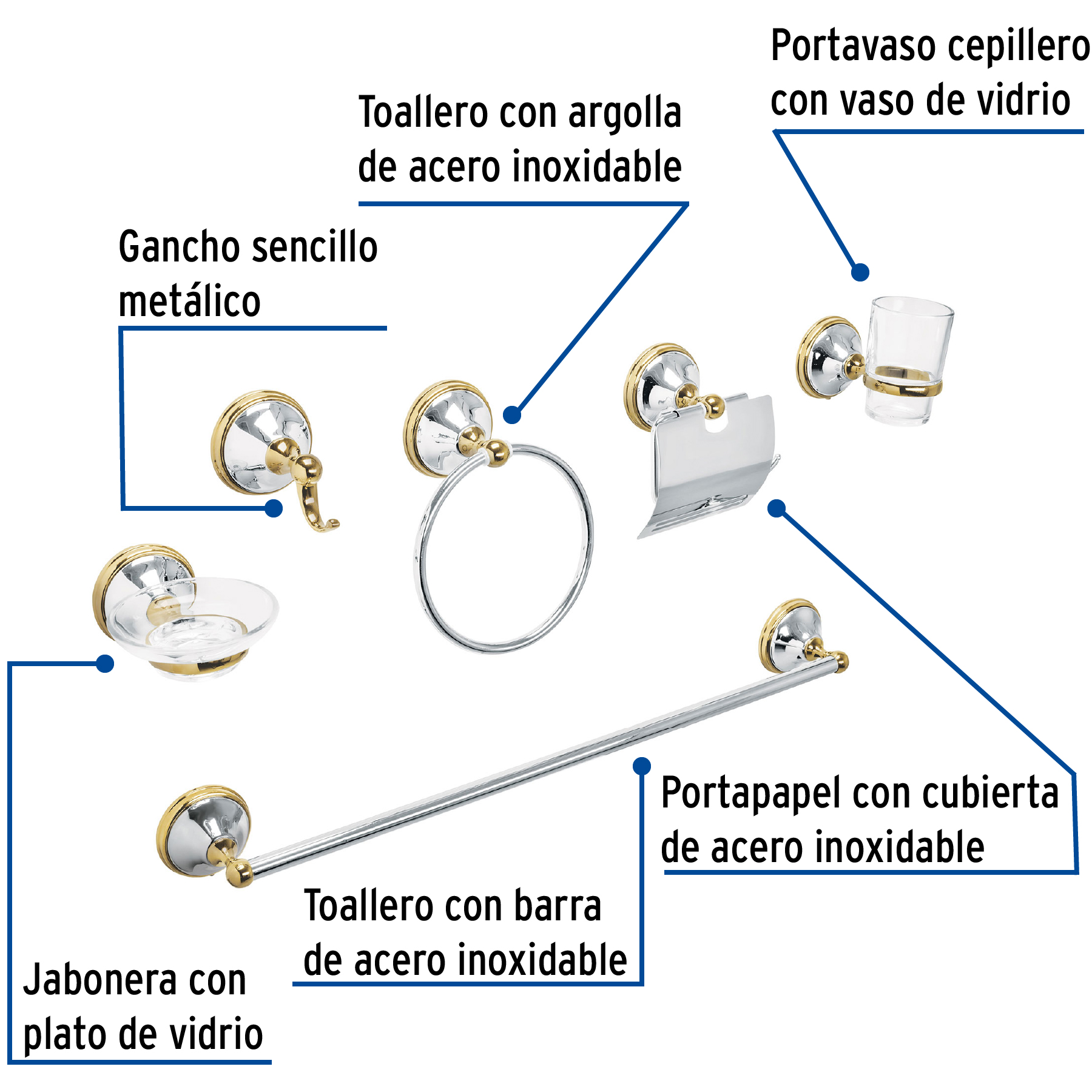 Jgo de acc p/baño con jabonera vidrio,cromo/oro,6 pzas, Aqua