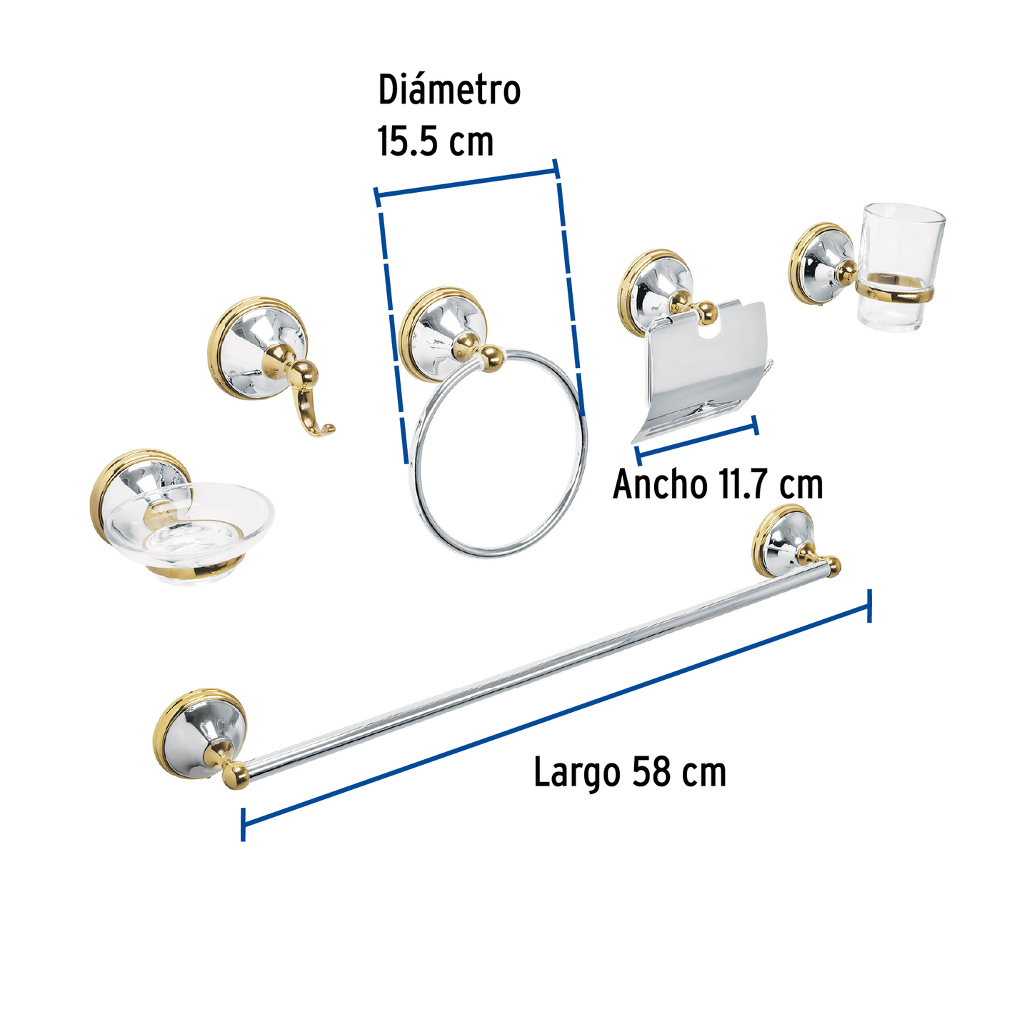Jgo de acc p/baño con jabonera vidrio,cromo/oro,6 pzas, Aqua