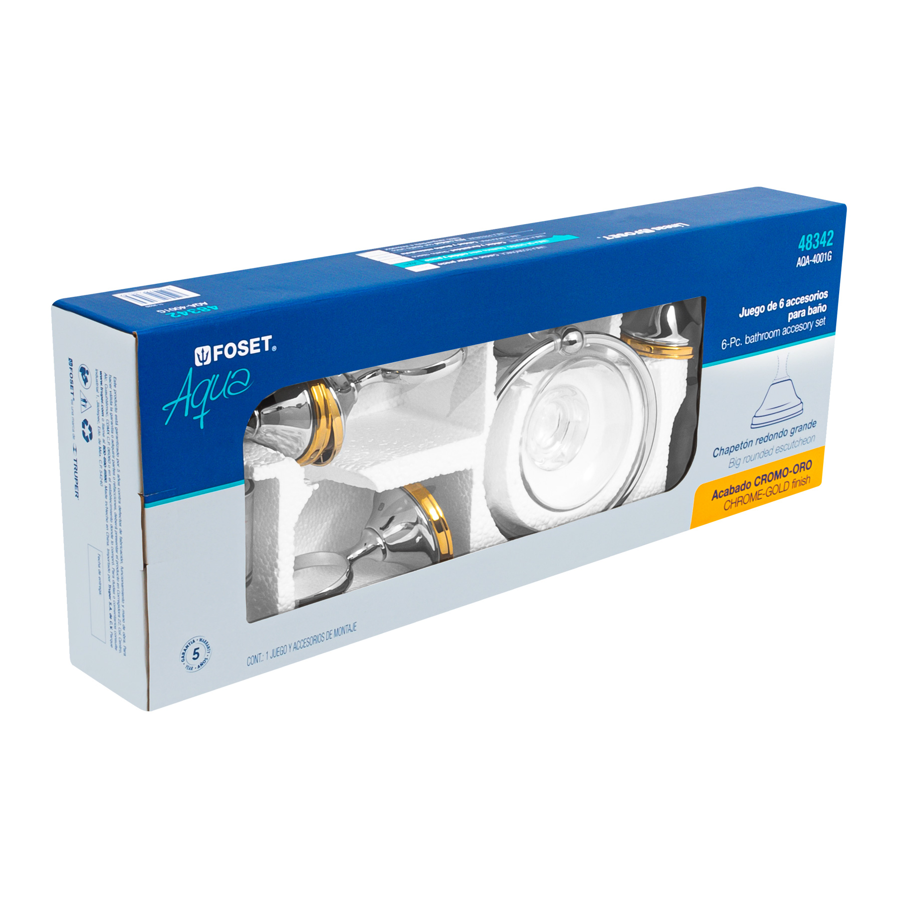 Jgo de acc p/baño con jabonera vidrio,cromo/oro,6 pzas, Aqua