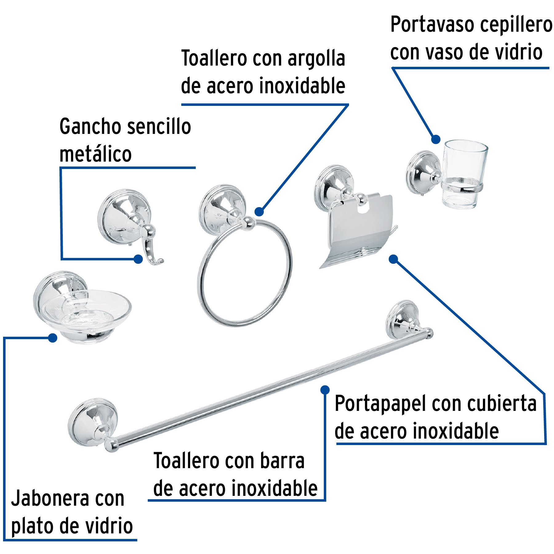Jgo de acc p/baño con jabonera vidrio, cromo, 6 pzas, Aqua