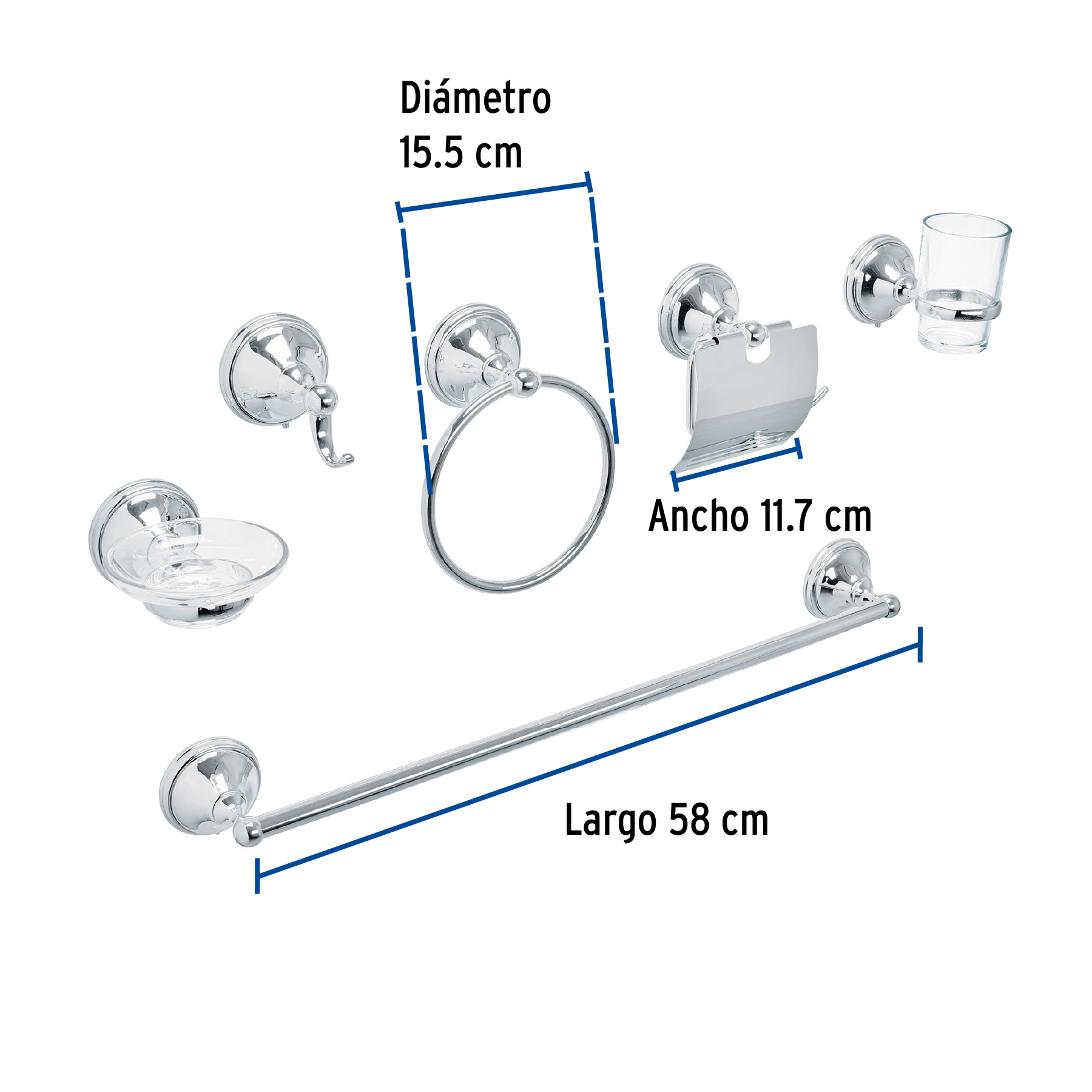 Jgo de acc p/baño con jabonera vidrio, cromo, 6 pzas, Aqua