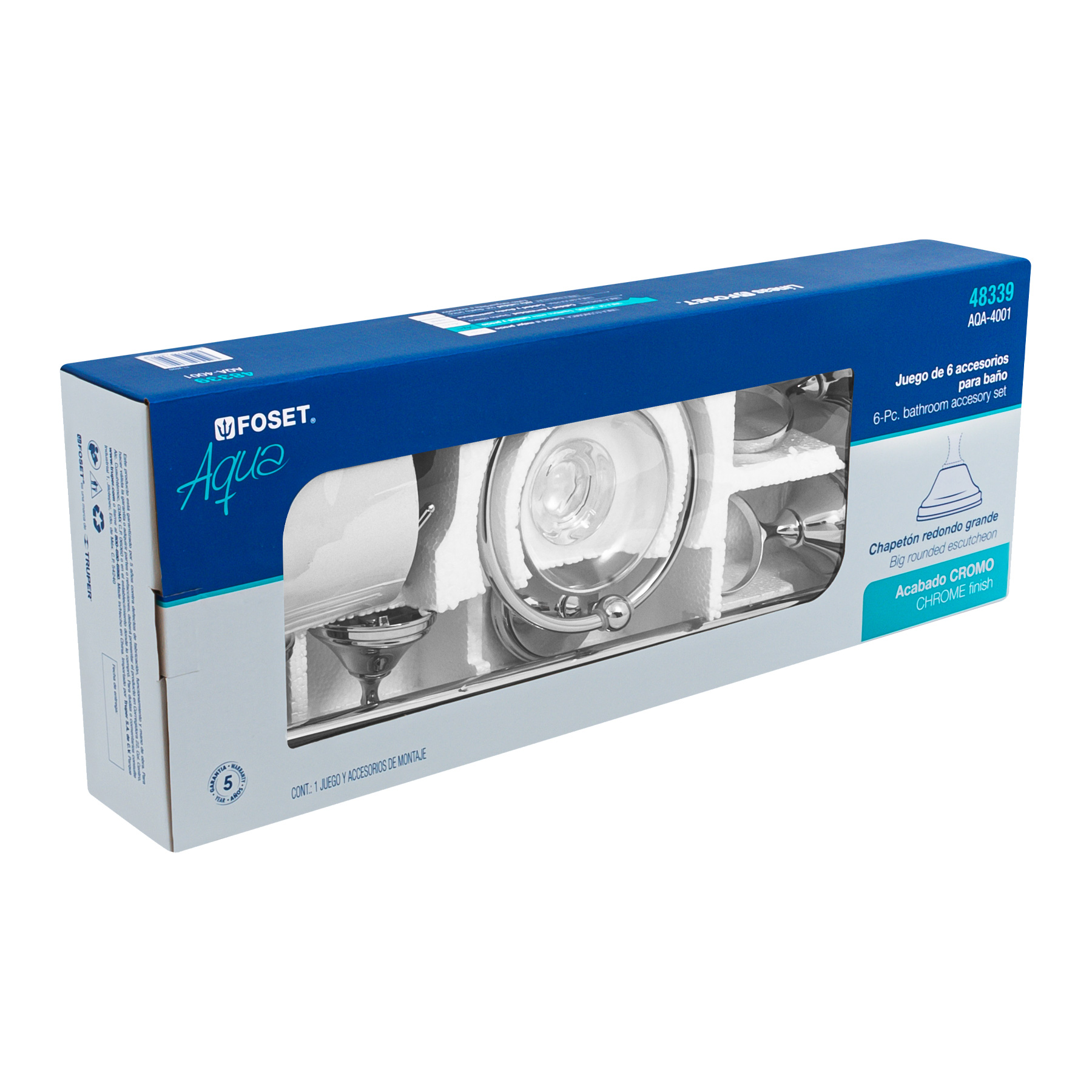 Jgo de acc p/baño con jabonera vidrio, cromo, 6 pzas, Aqua