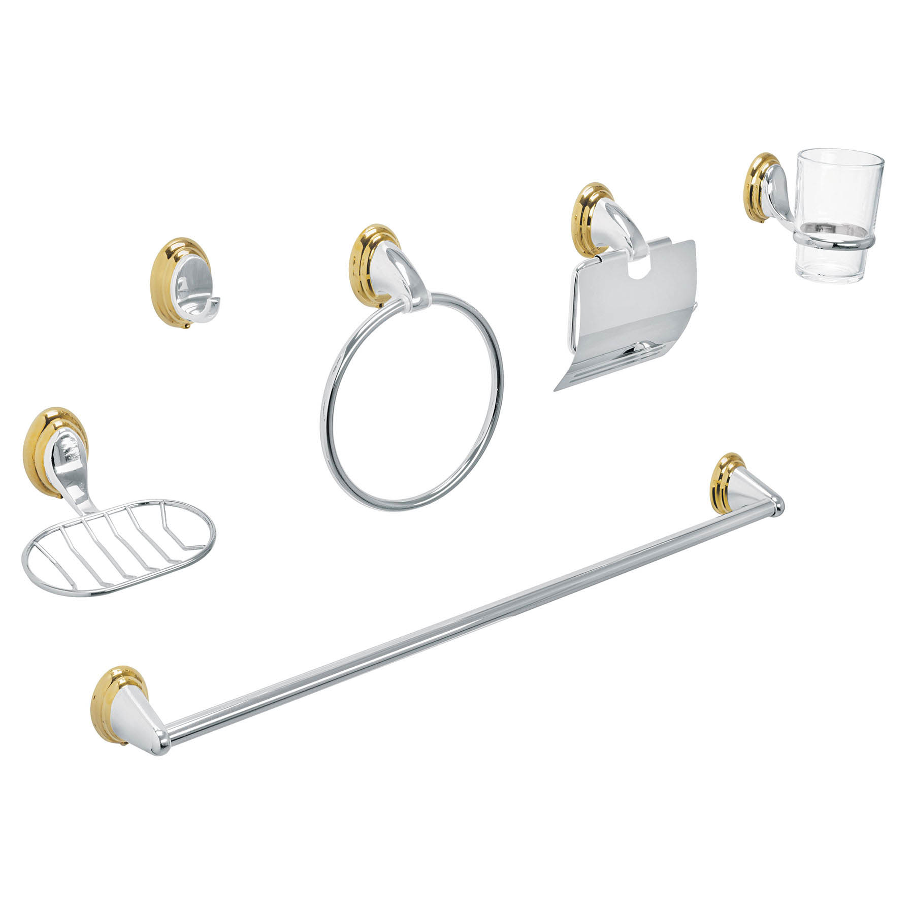 Jgo de acc p/baño con jabonera rejilla,cromo/oro,6 pzas, Aqu