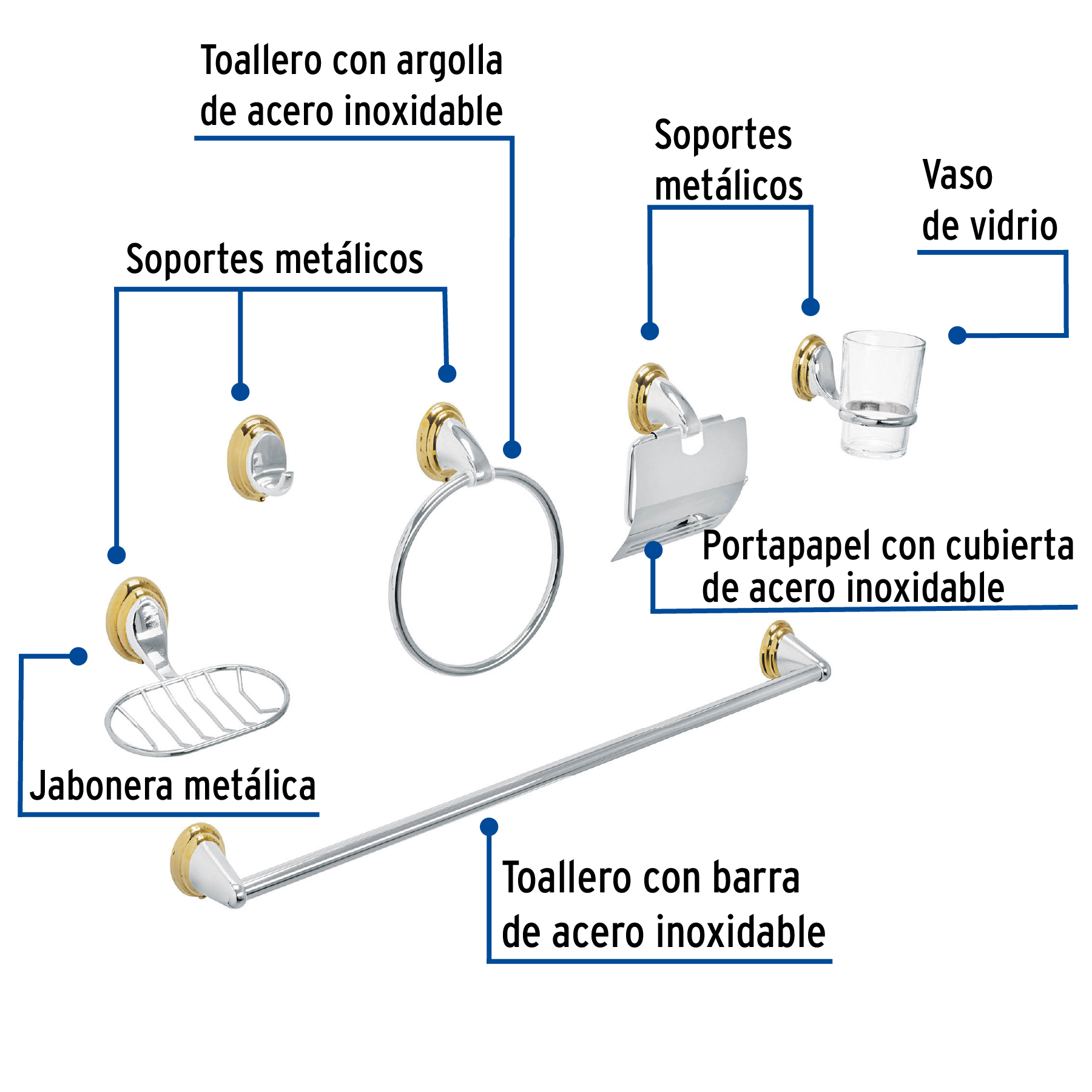 Jgo de acc p/baño con jabonera rejilla,cromo/oro,6 pzas, Aqu