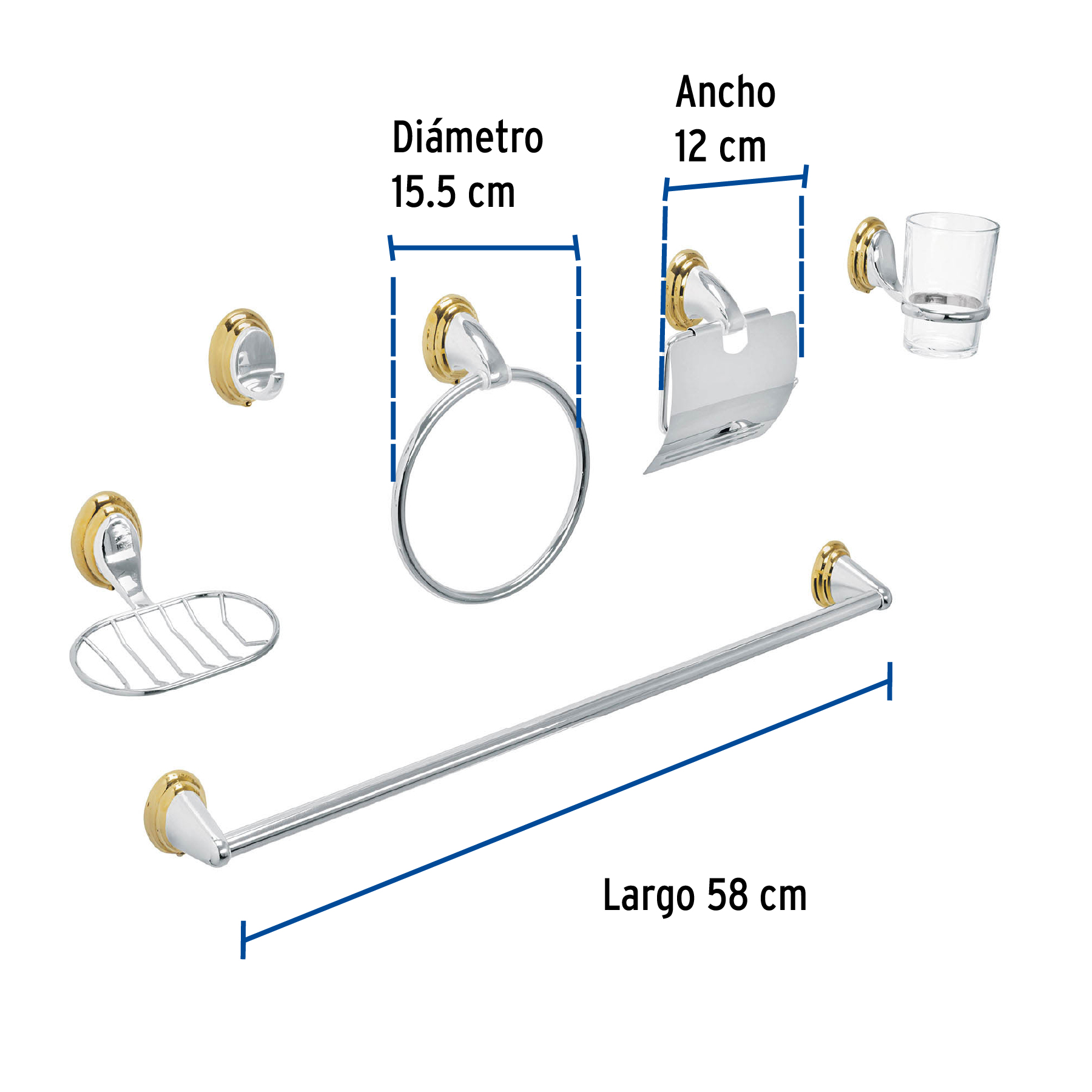 Jgo de acc p/baño con jabonera rejilla,cromo/oro,6 pzas, Aqu