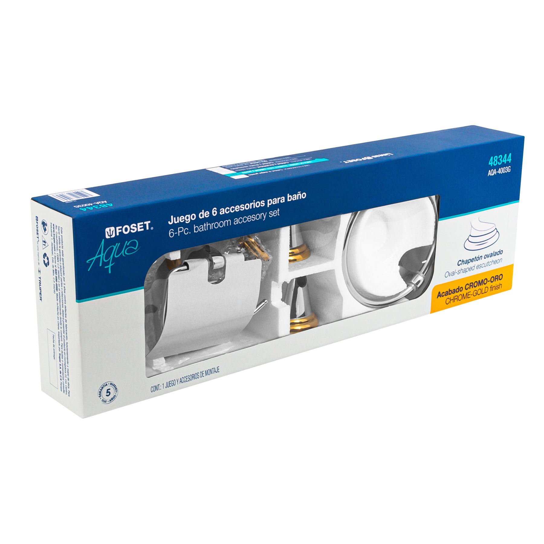 Jgo de acc p/baño con jabonera rejilla,cromo/oro,6 pzas, Aqu