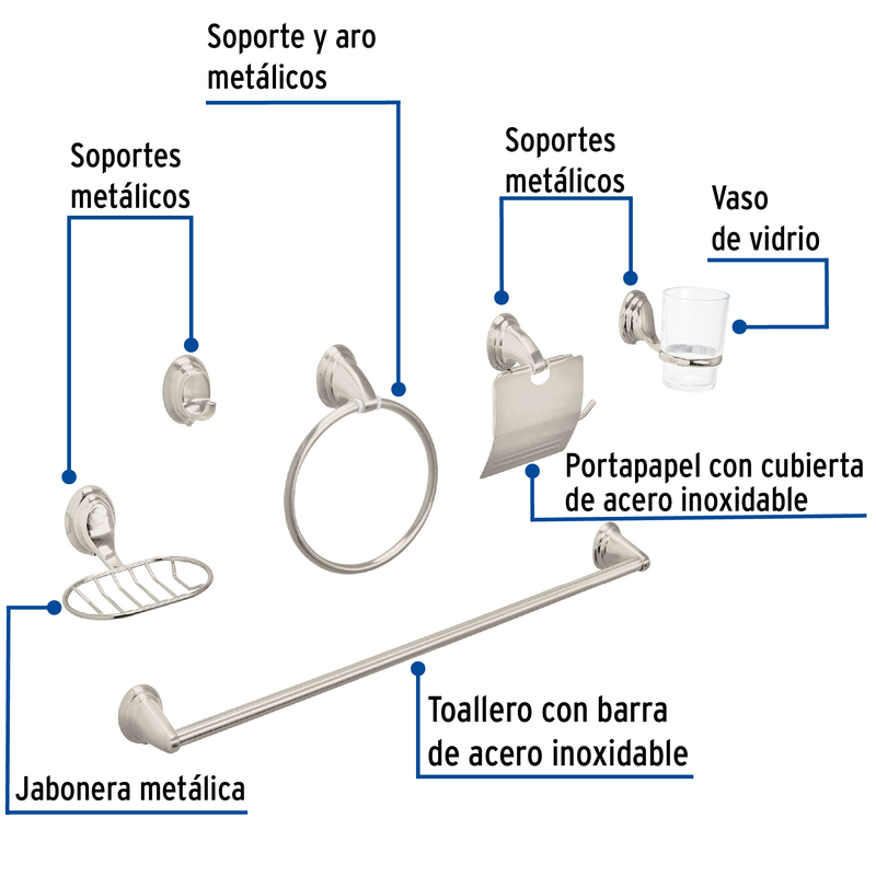 Jgo de acc p/baño con jabonera rejilla, satín,6 pzas, Aqua