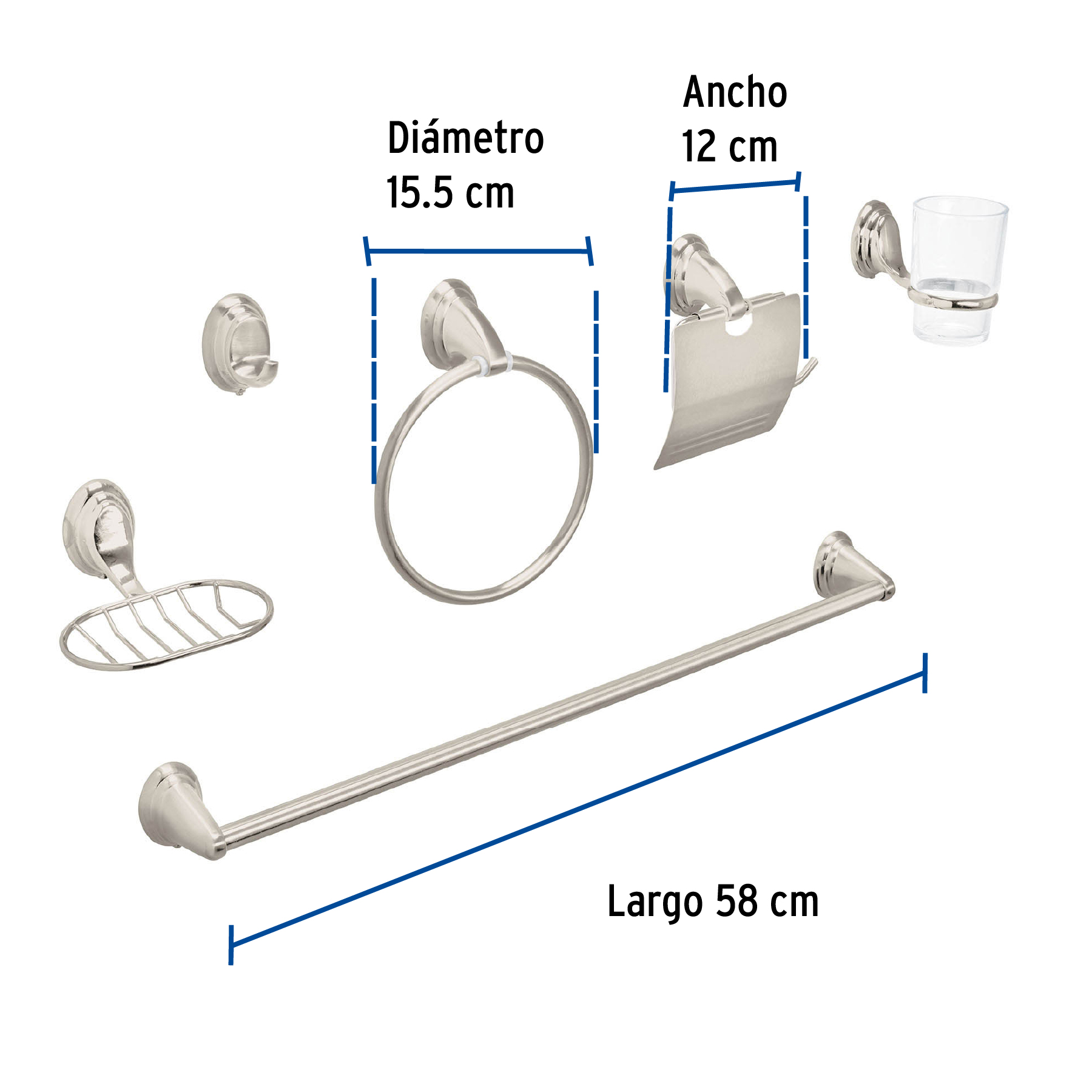 Jgo de acc p/baño con jabonera rejilla, satín,6 pzas, Aqua