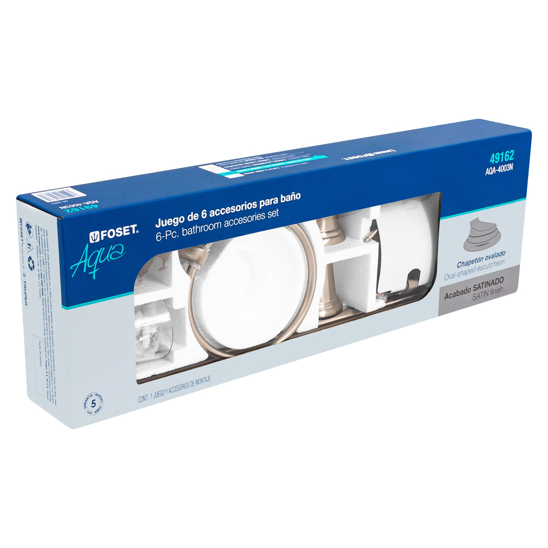 Jgo de acc p/baño con jabonera rejilla, satín,6 pzas, Aqua