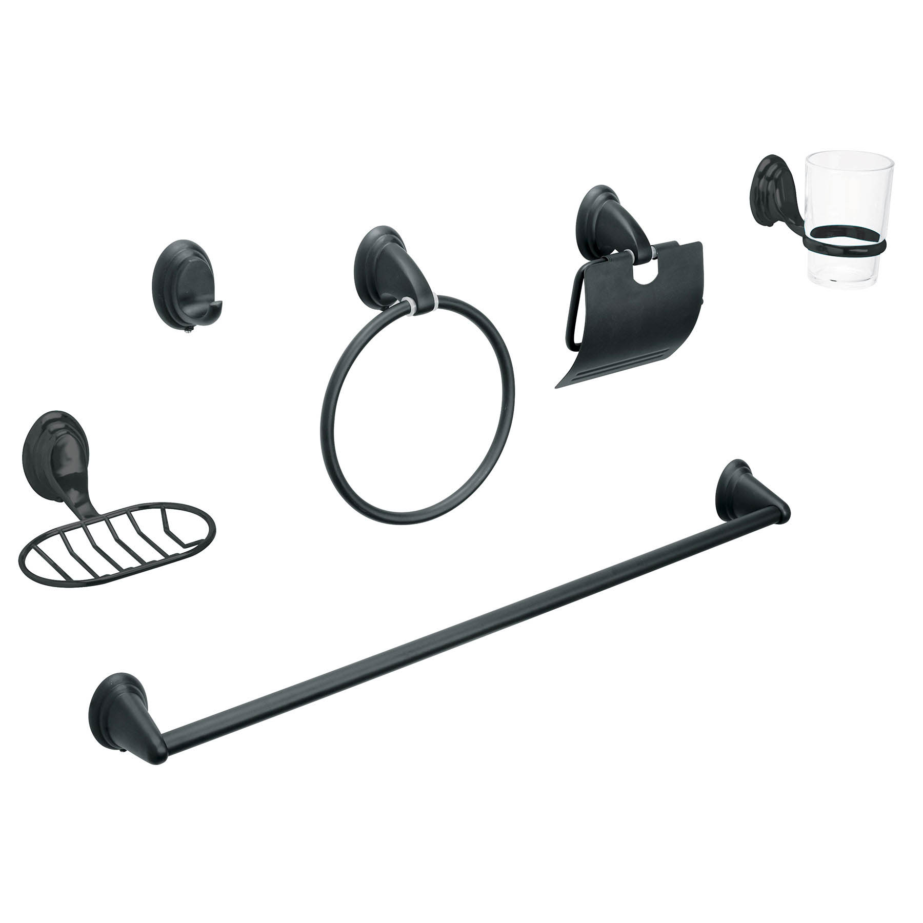 Jgo de acc p/baño con jabonera rejilla, negro,6 pzas, Aqua