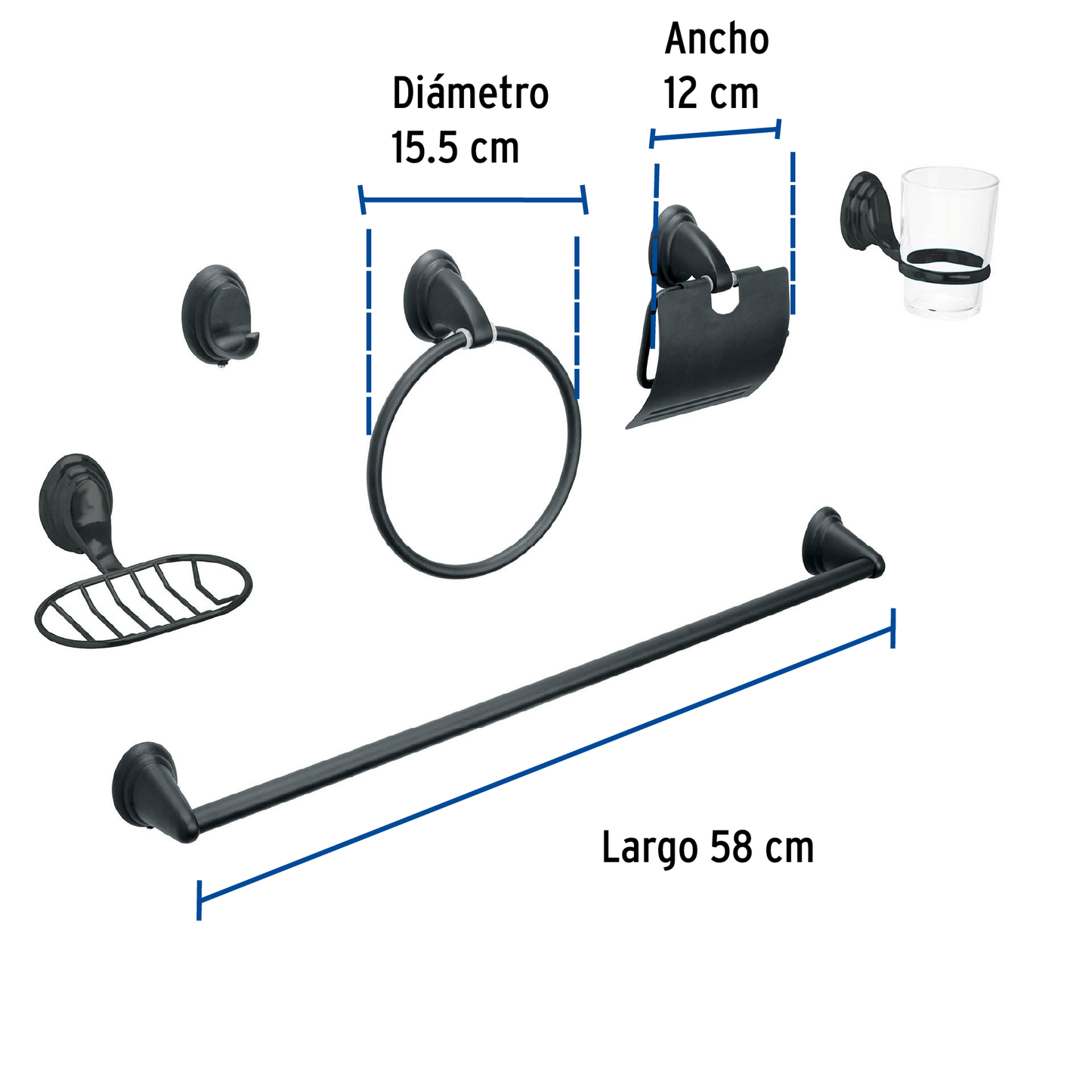 Jgo de acc p/baño con jabonera rejilla, negro,6 pzas, Aqua