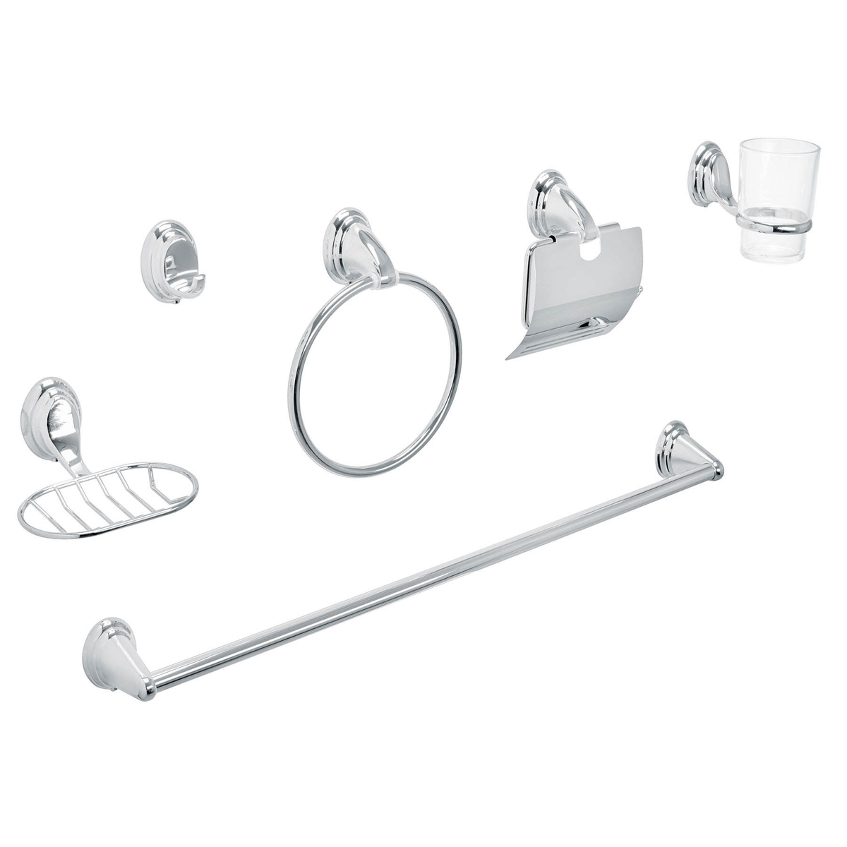 Jgo de acc p/baño con jabonera rejilla, cromo, 6 pzas, Aqua
