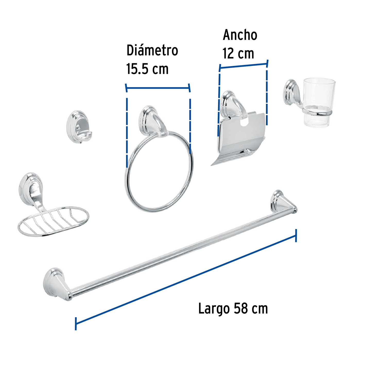 Jgo de acc p/baño con jabonera rejilla, cromo, 6 pzas, Aqua