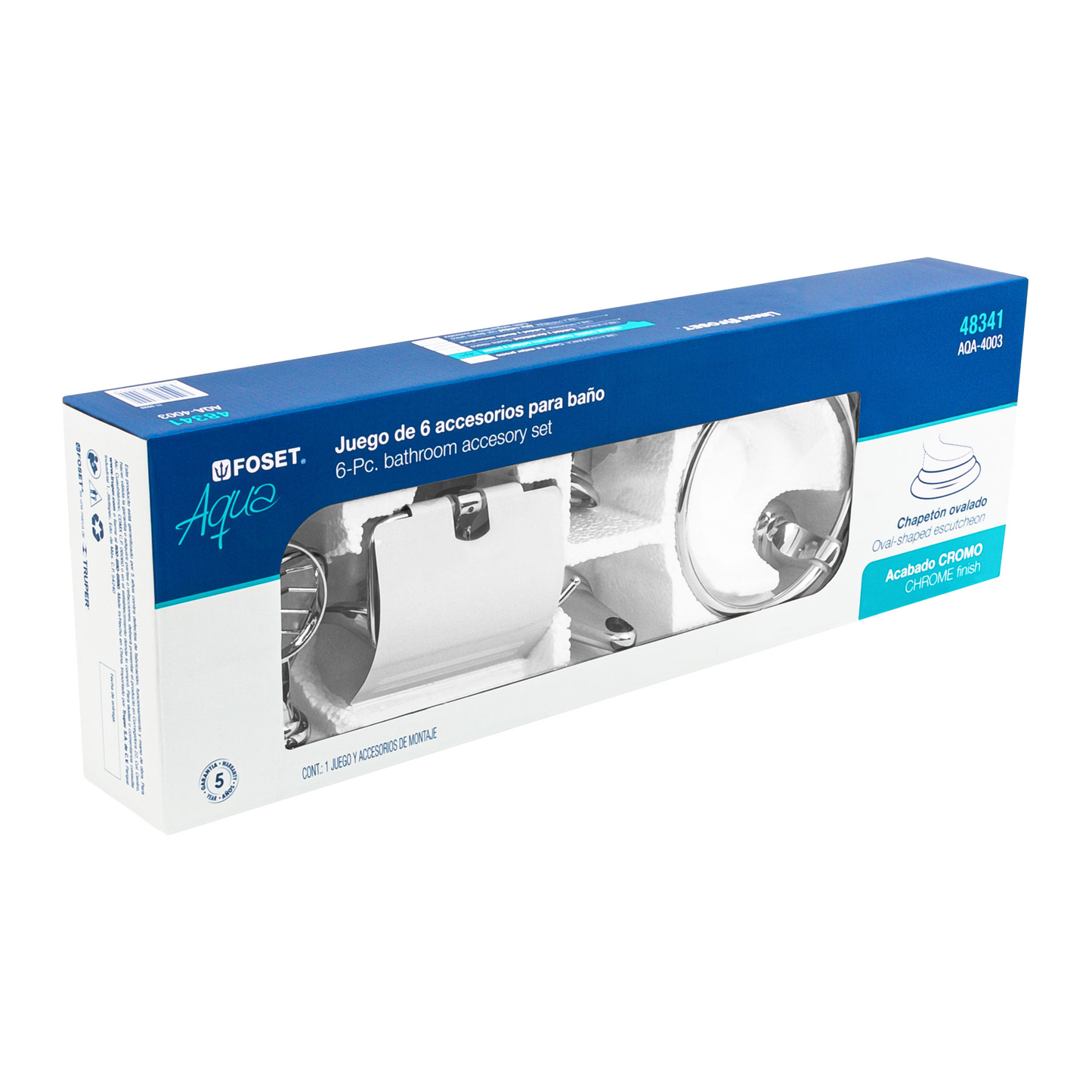 Jgo de acc p/baño con jabonera rejilla, cromo, 6 pzas, Aqua