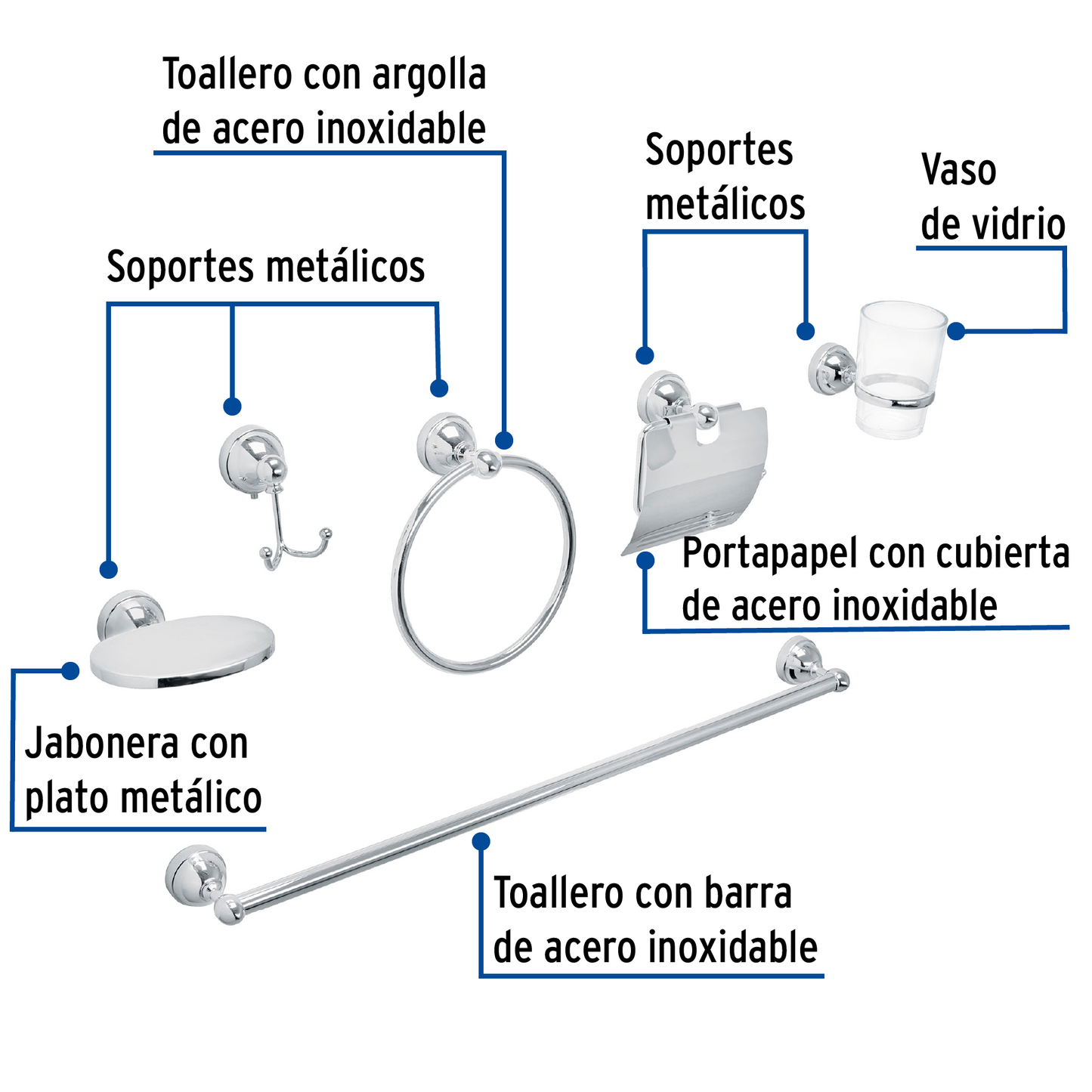 Jgo de acc p/baño con jabonera metálica,cromo, 6 pzas, Aqua