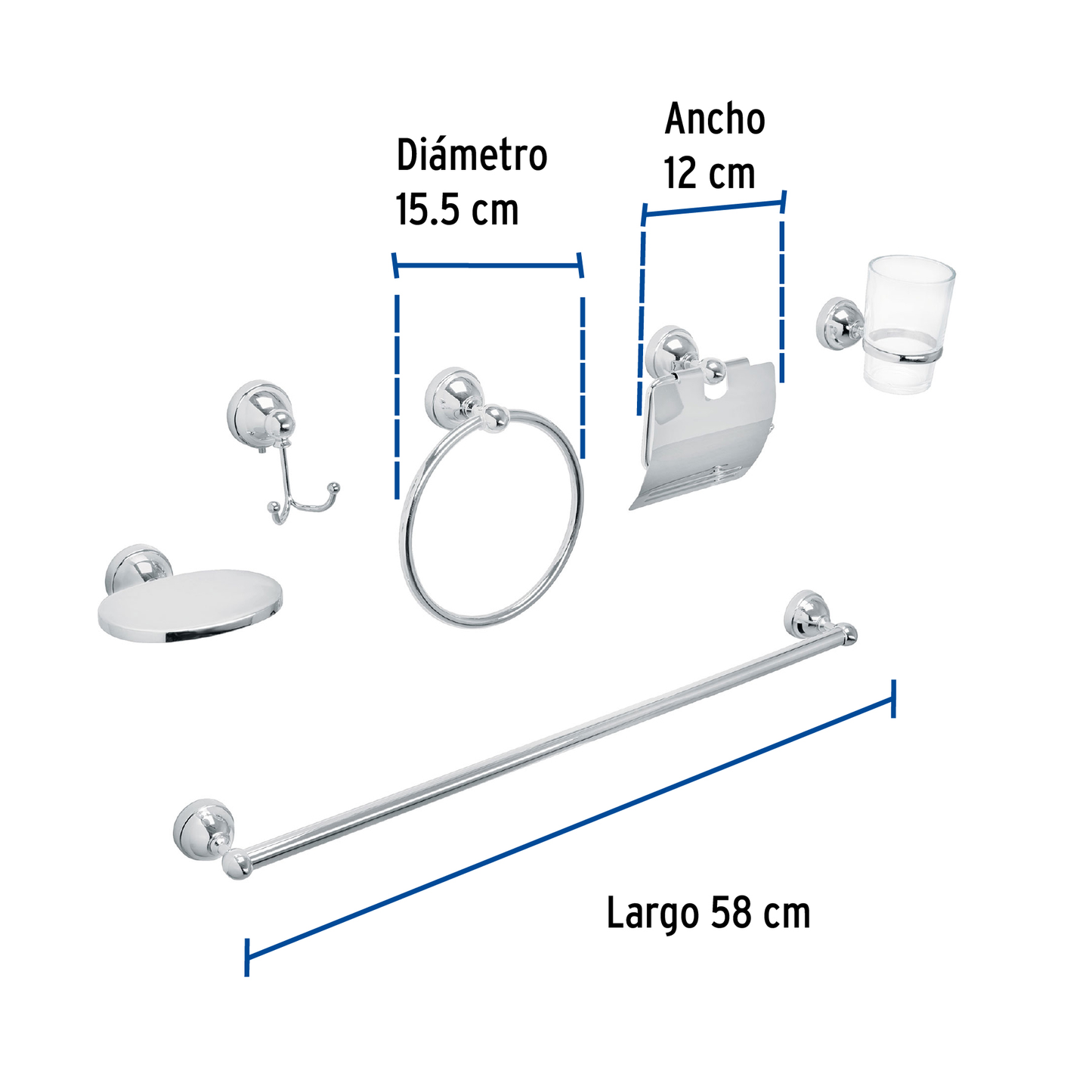 Jgo de acc p/baño con jabonera metálica,cromo, 6 pzas, Aqua