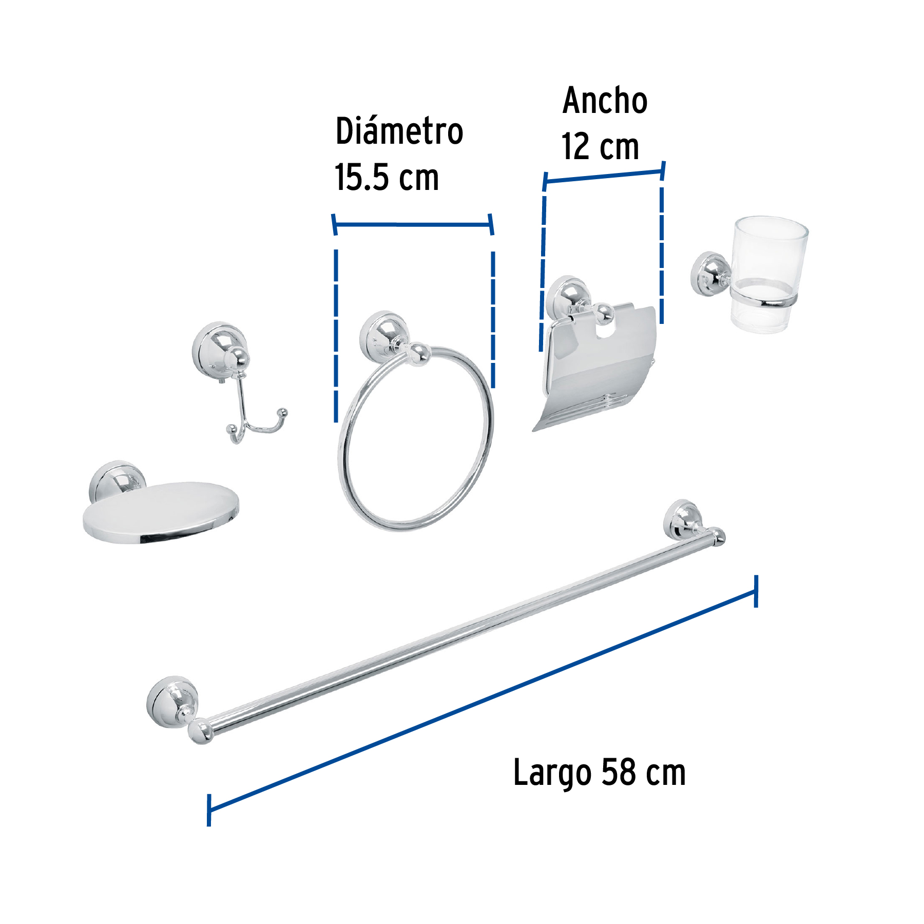 Jgo de acc p/baño con jabonera metálica,cromo, 6 pzas, Aqua