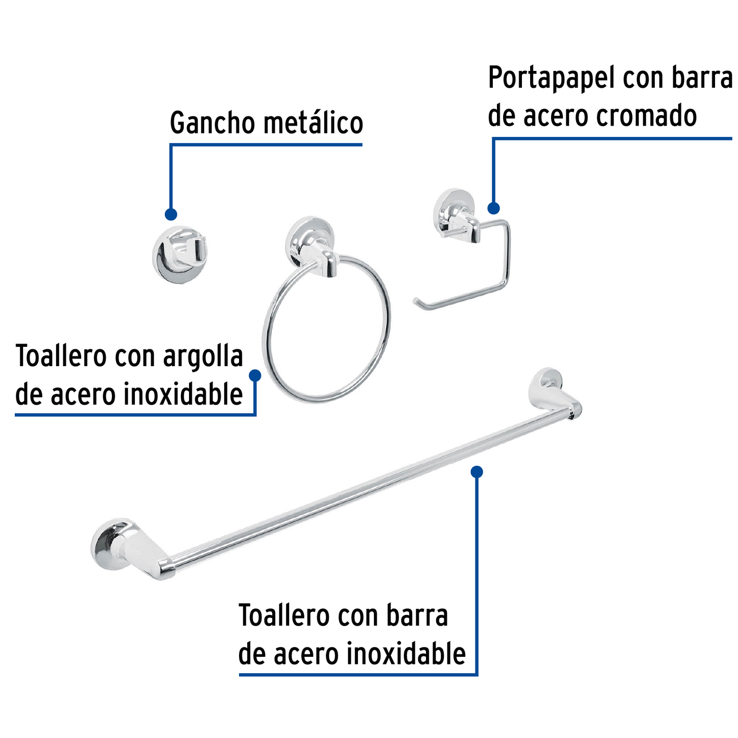 Jgo de acc p/baño acabado cromo, 4 pzas, Aqua