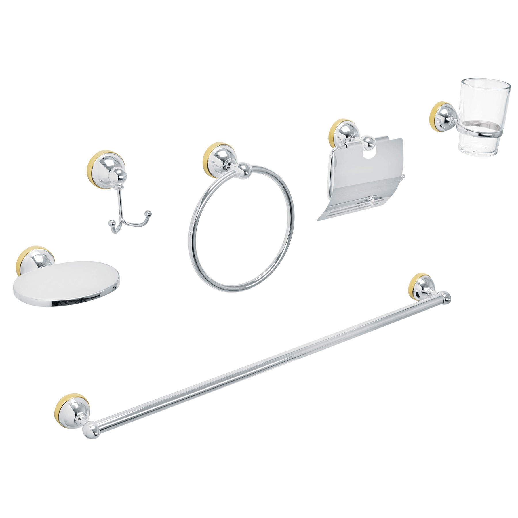 Jgo acc p/baño con jabonera metálica,cromo/oro, 6 pzas, Aqua