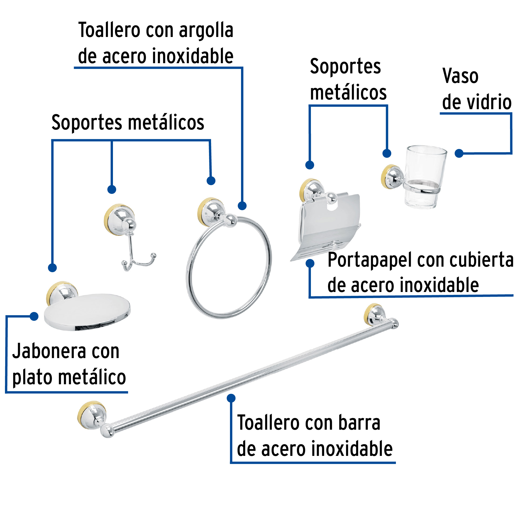 Jgo acc p/baño con jabonera metálica,cromo/oro, 6 pzas, Aqua
