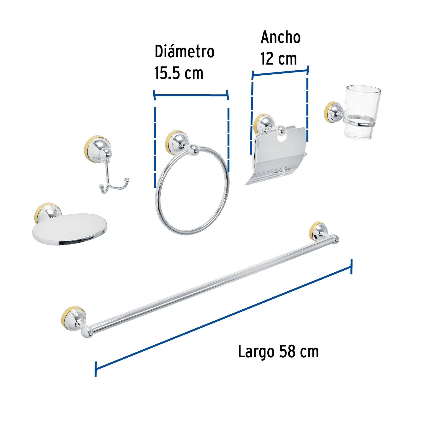 Jgo acc p/baño con jabonera metálica,cromo/oro, 6 pzas, Aqua