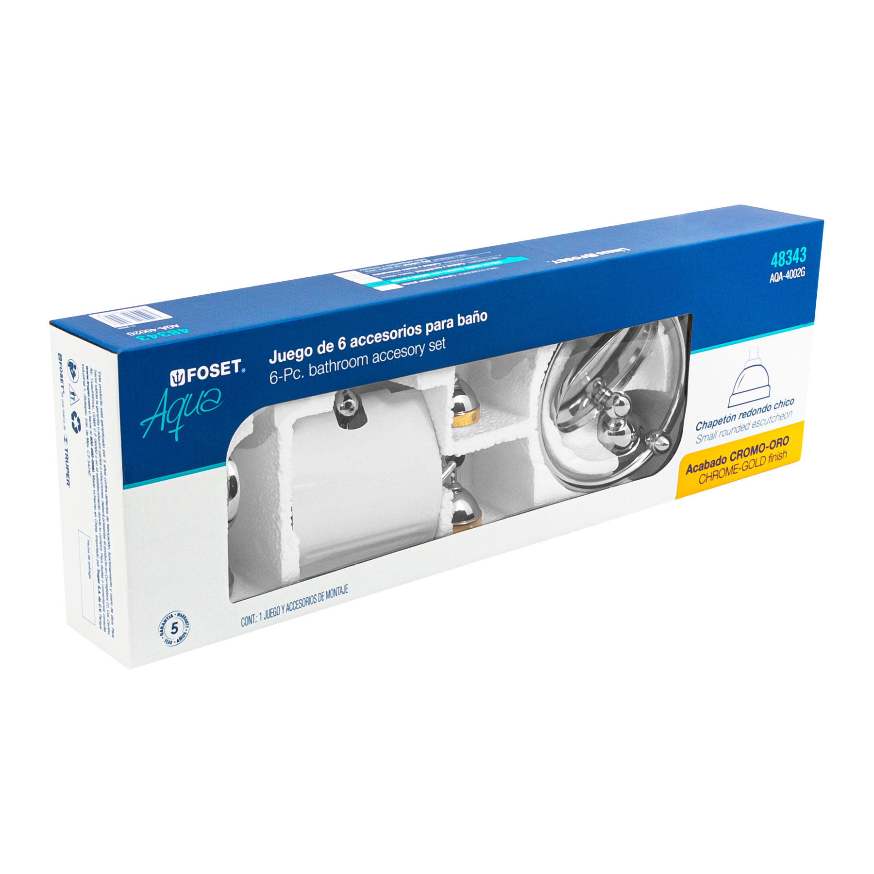 Jgo acc p/baño con jabonera metálica,cromo/oro, 6 pzas, Aqua