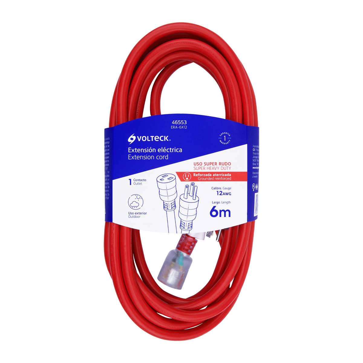 Extensión reforzada aterrizada 6 m 3x12 AWG, Volteck