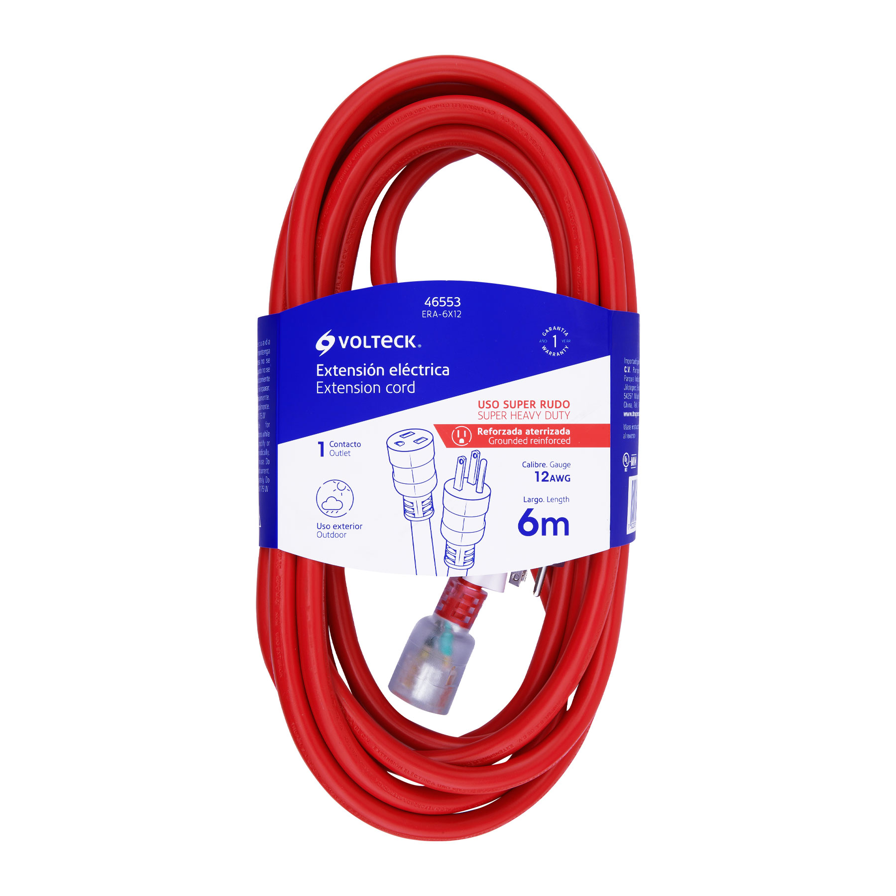 Extensión reforzada aterrizada 6 m 3x12 AWG, Volteck