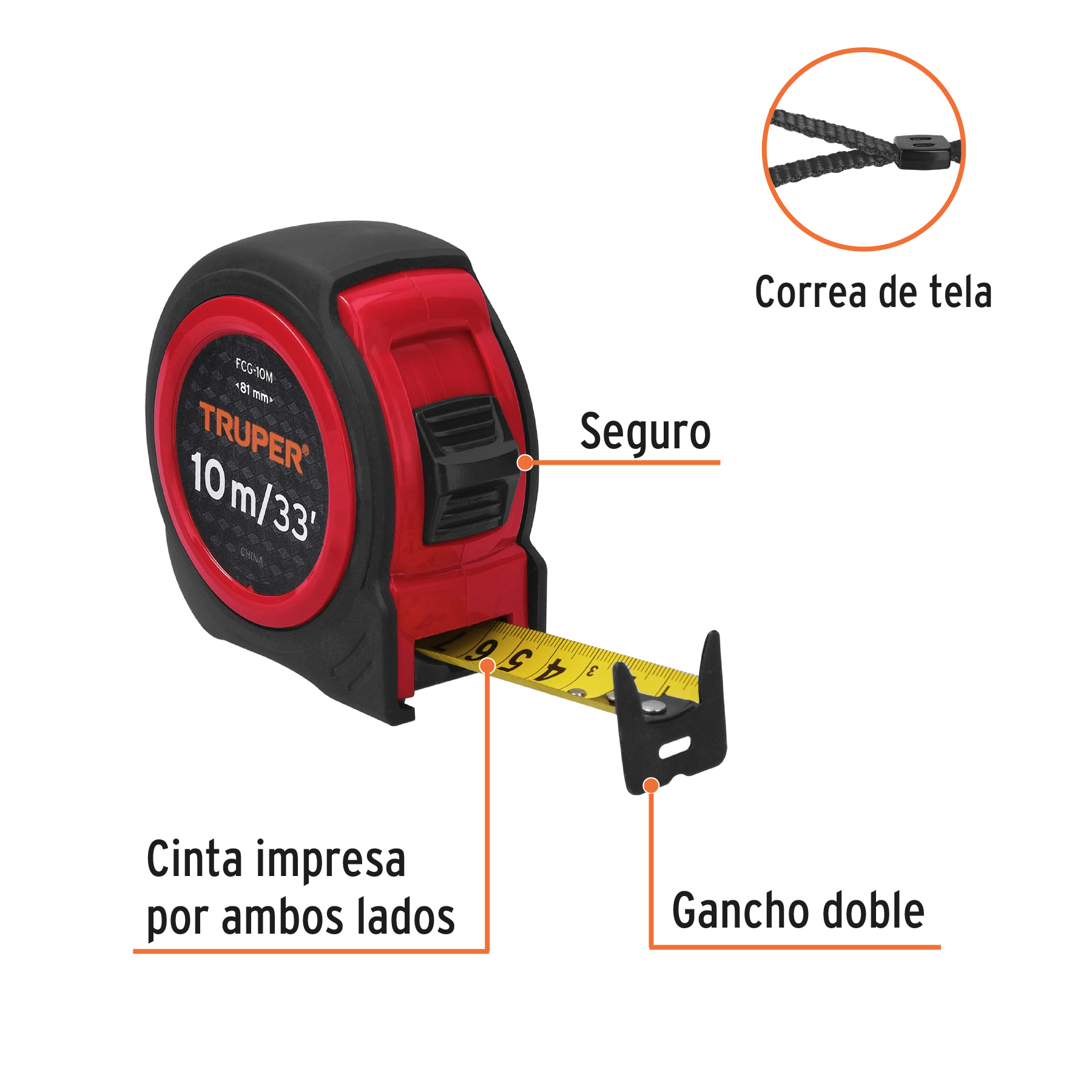 Flexómetro compacto 10 m con grip, cinta 25 mm, Truper