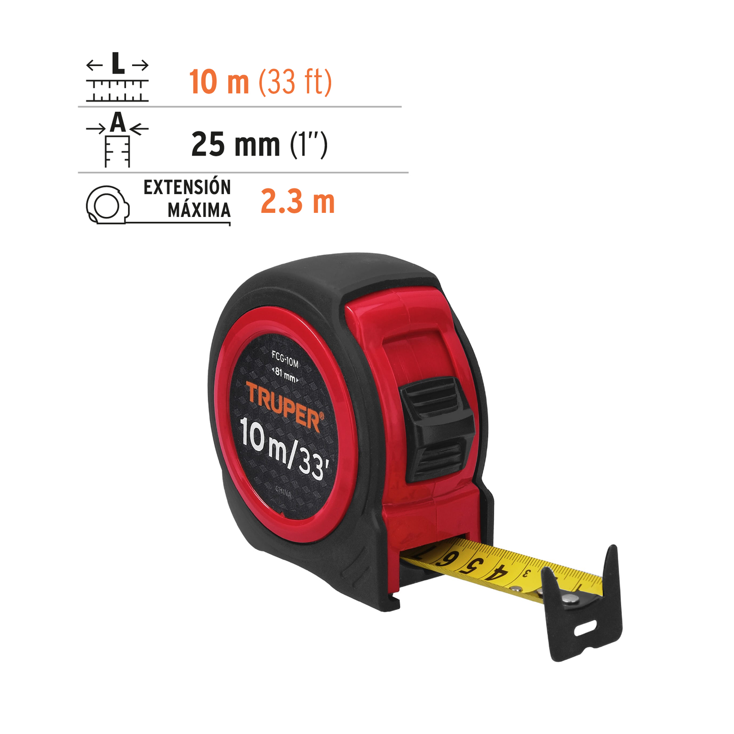Flexómetro compacto 10 m con grip, cinta 25 mm, Truper