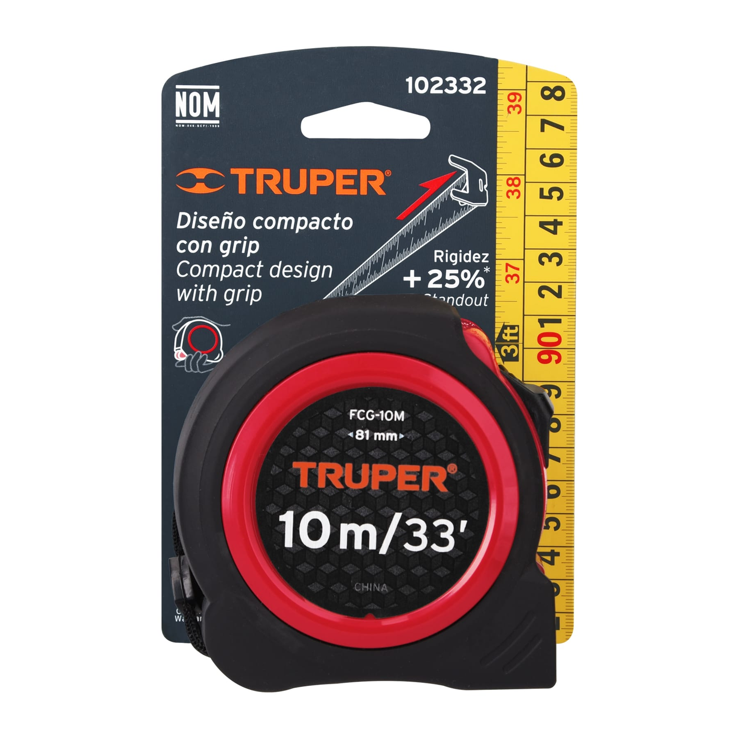 Flexómetro compacto 10 m con grip, cinta 25 mm, Truper