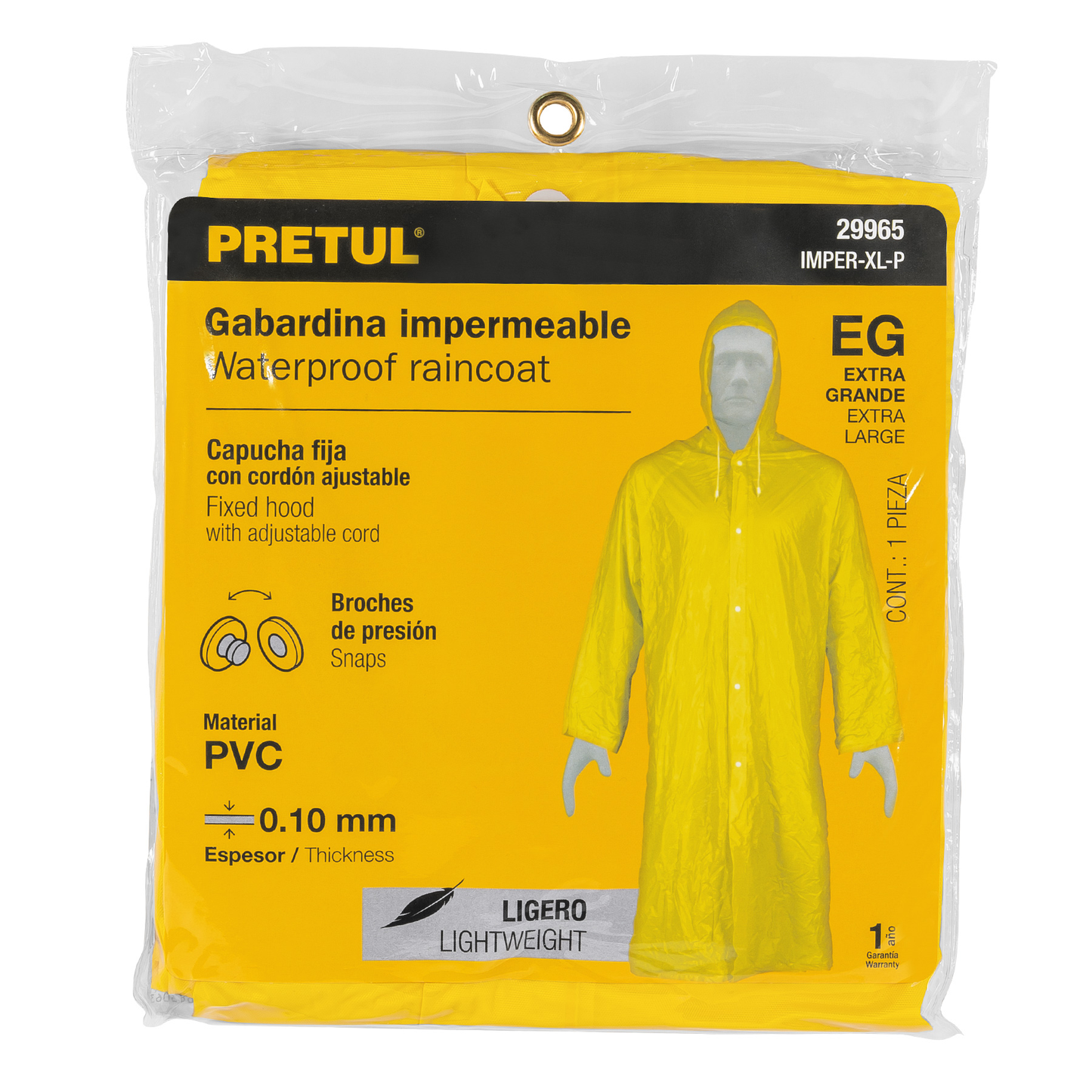 Gabardina impermeable,PVC,espesor 0.10mm,Extra-grande, Pretu