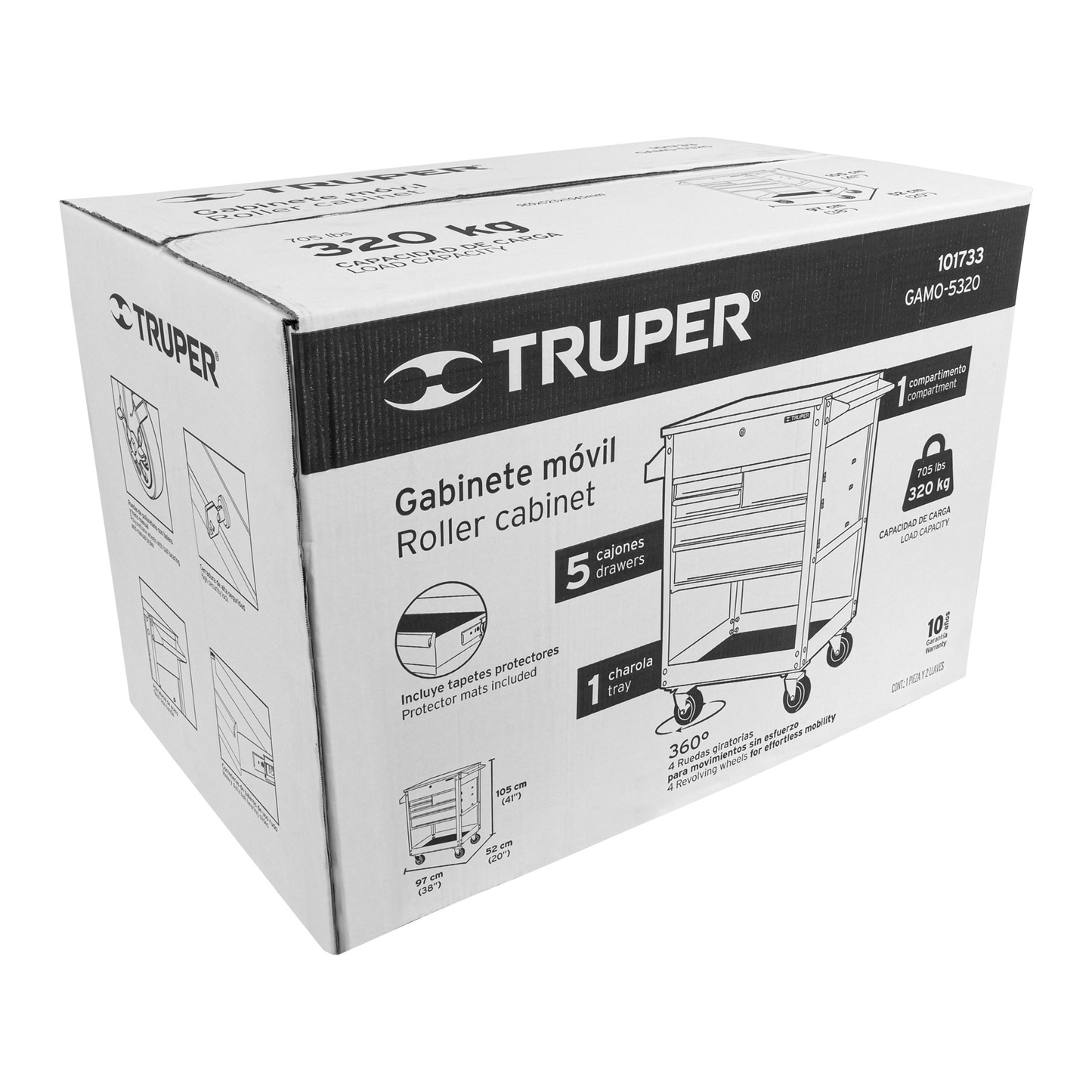 Gabinete metálico móvil con 5 cajones, capacidad 320 kg