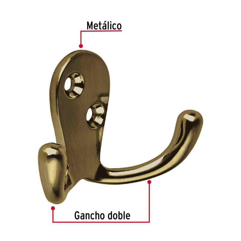 Gancho doble tipo perchero, latón antiguo