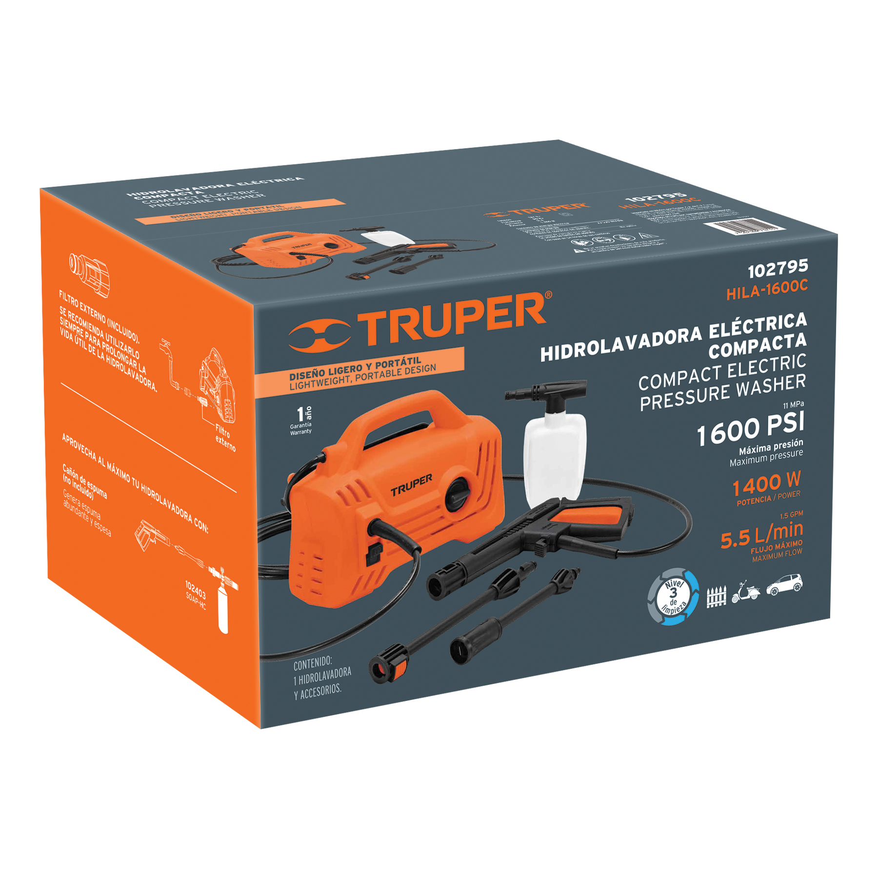 Hidrolavadora eléctrica compacta 1600 PSI, Truper