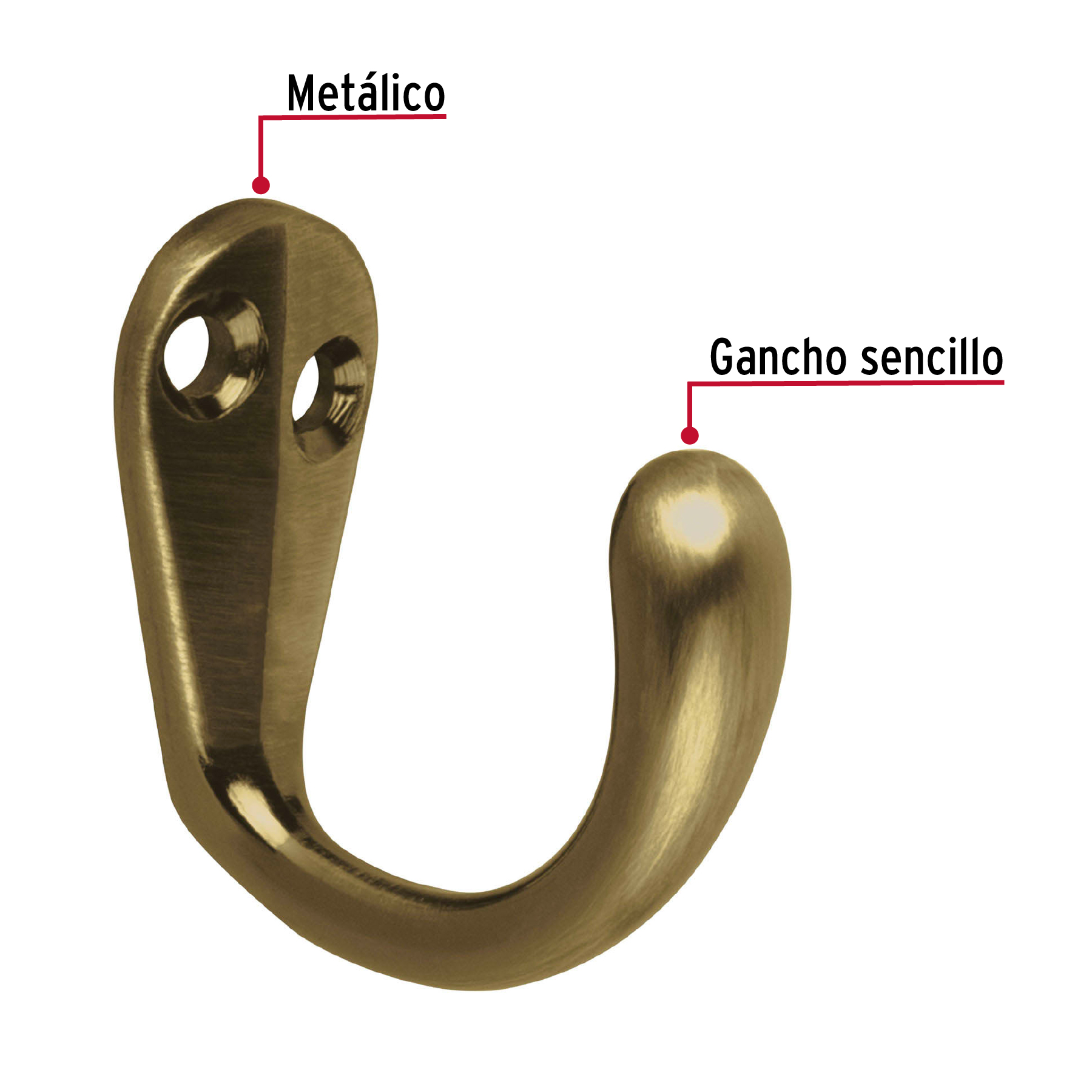Gancho sencillo tipo perchero, latón antiguo