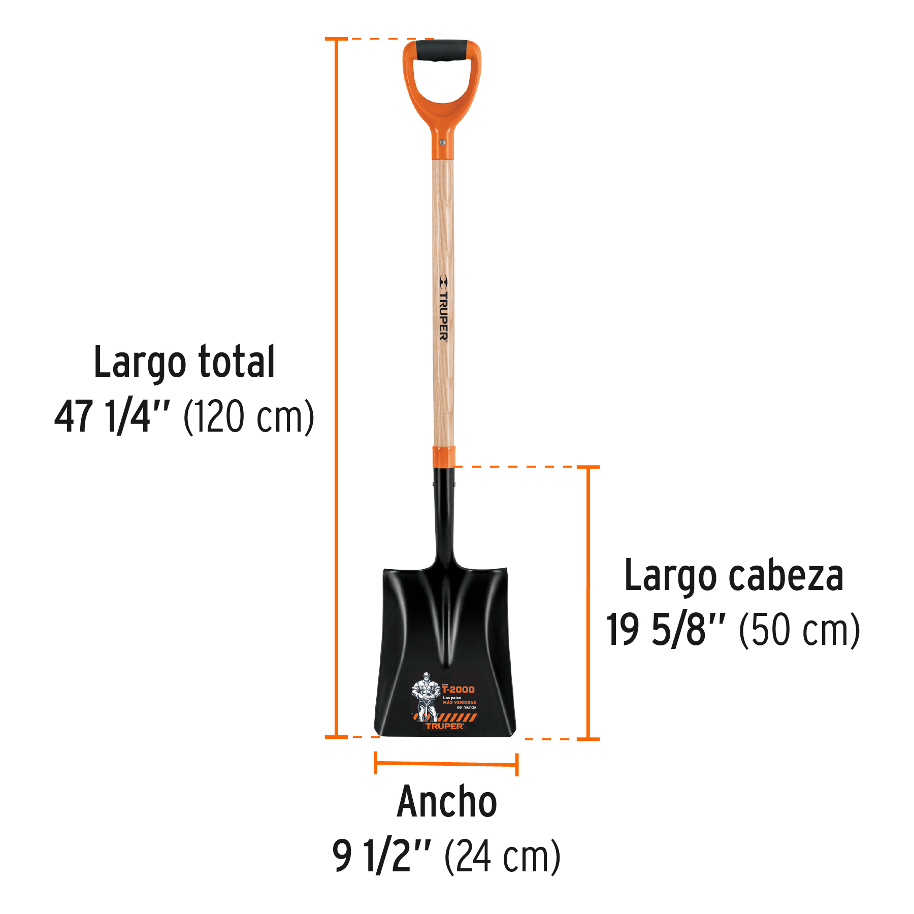 Pala cuadrada T-2000, puño offset 'Y', mango 36', Truper