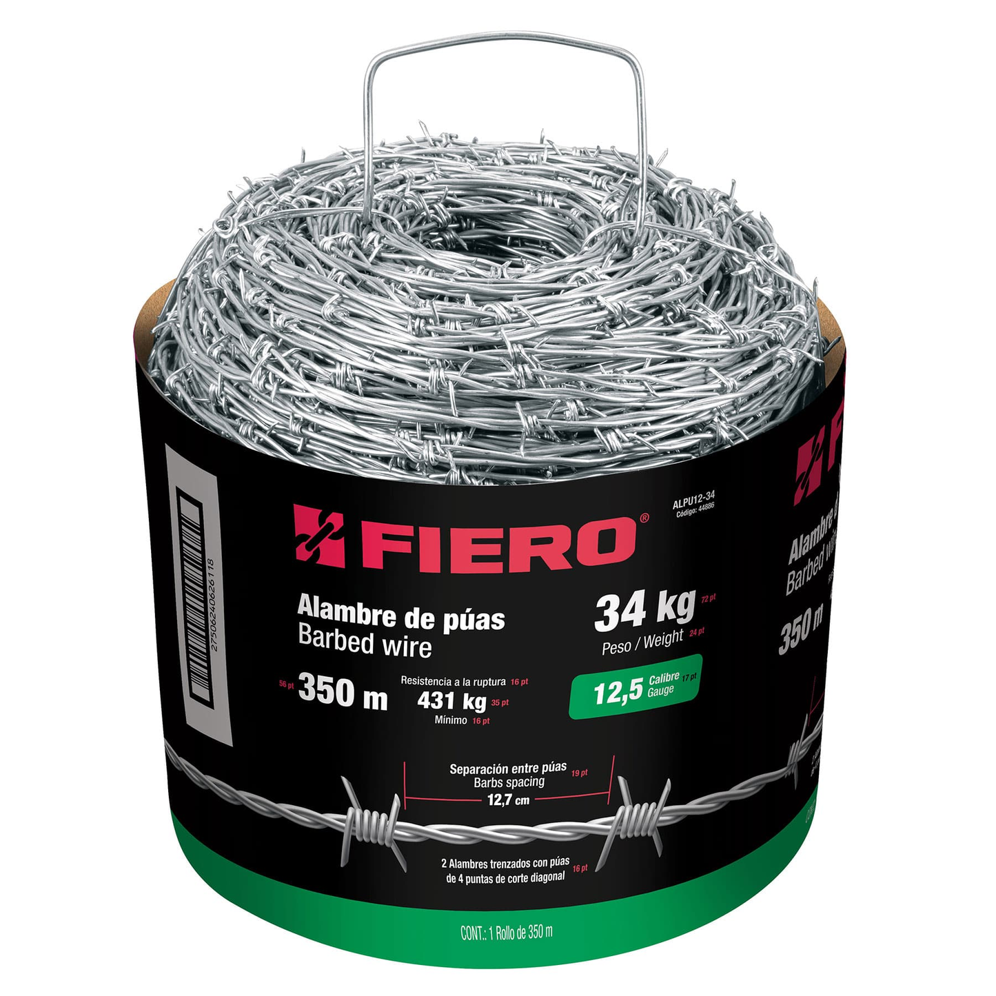 Alambre de púas, calibre 12.5, rollo de 34 Kg.