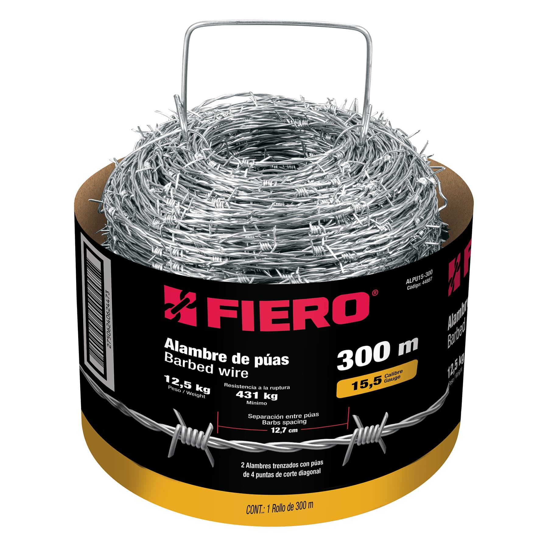 Alambre de púas, calibre 15.5, rollo de 300 m.