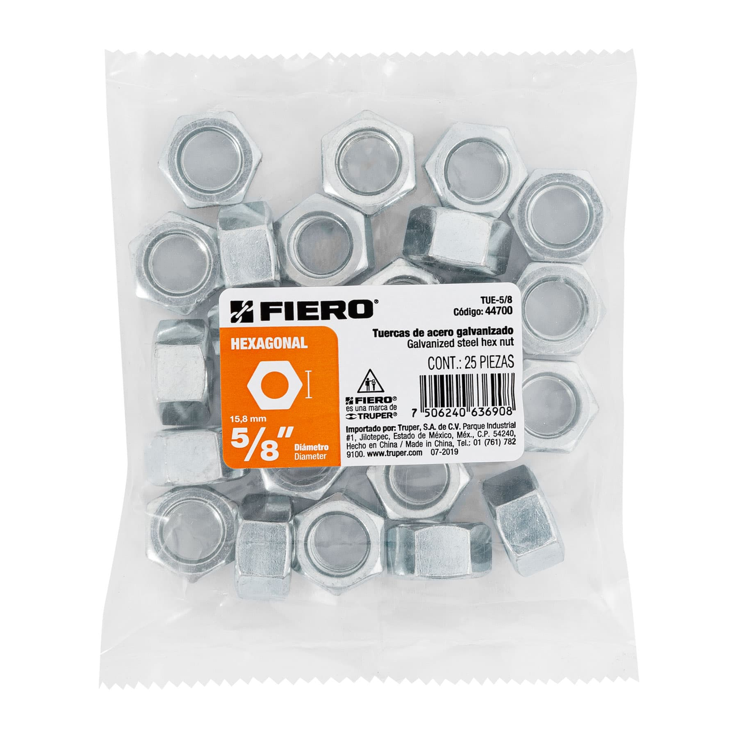 Tuerca de acero galvanizado hexagonal de 5/8", 25 pzas