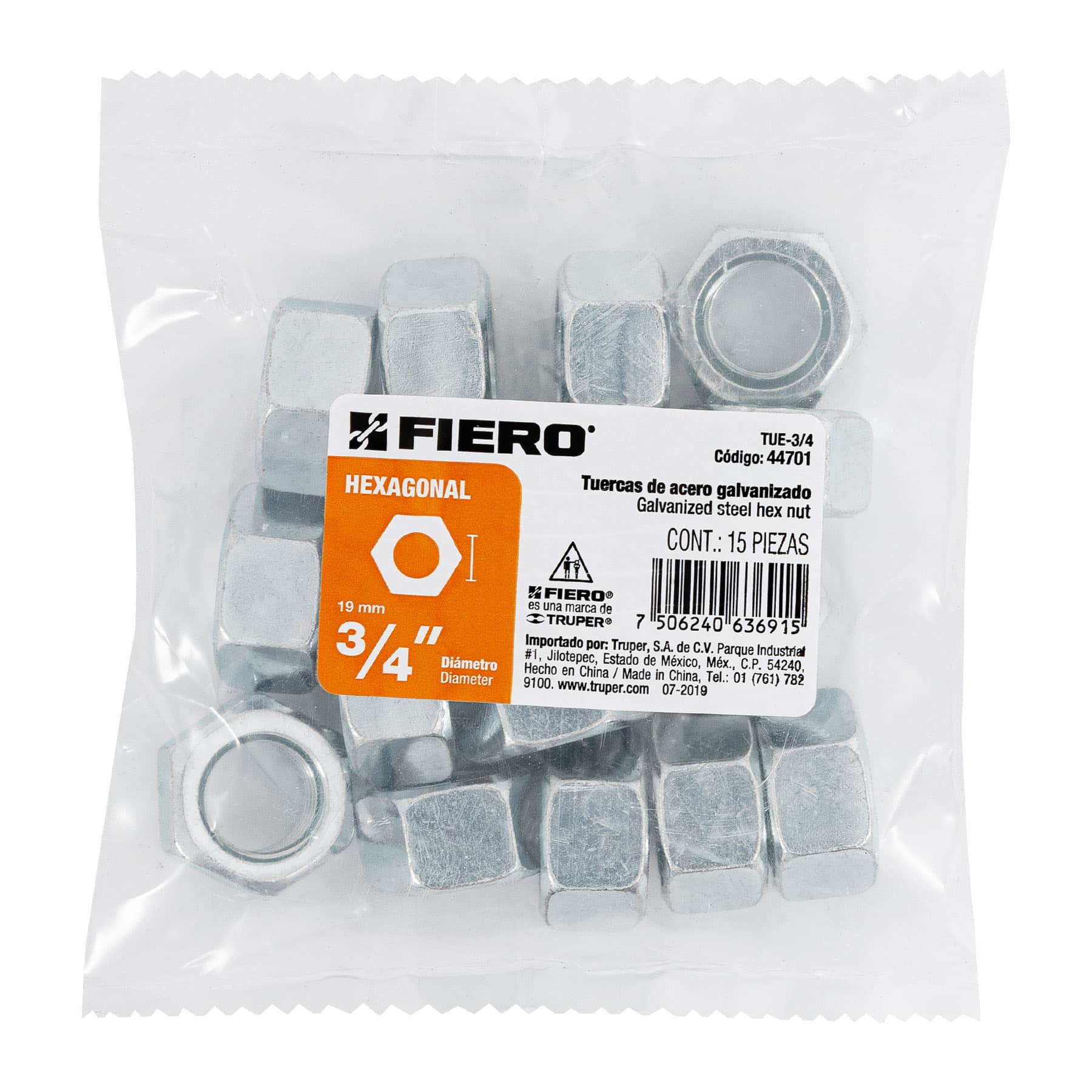 Tuerca de acero galvanizado hexagonal de 3/4", 15 pzas