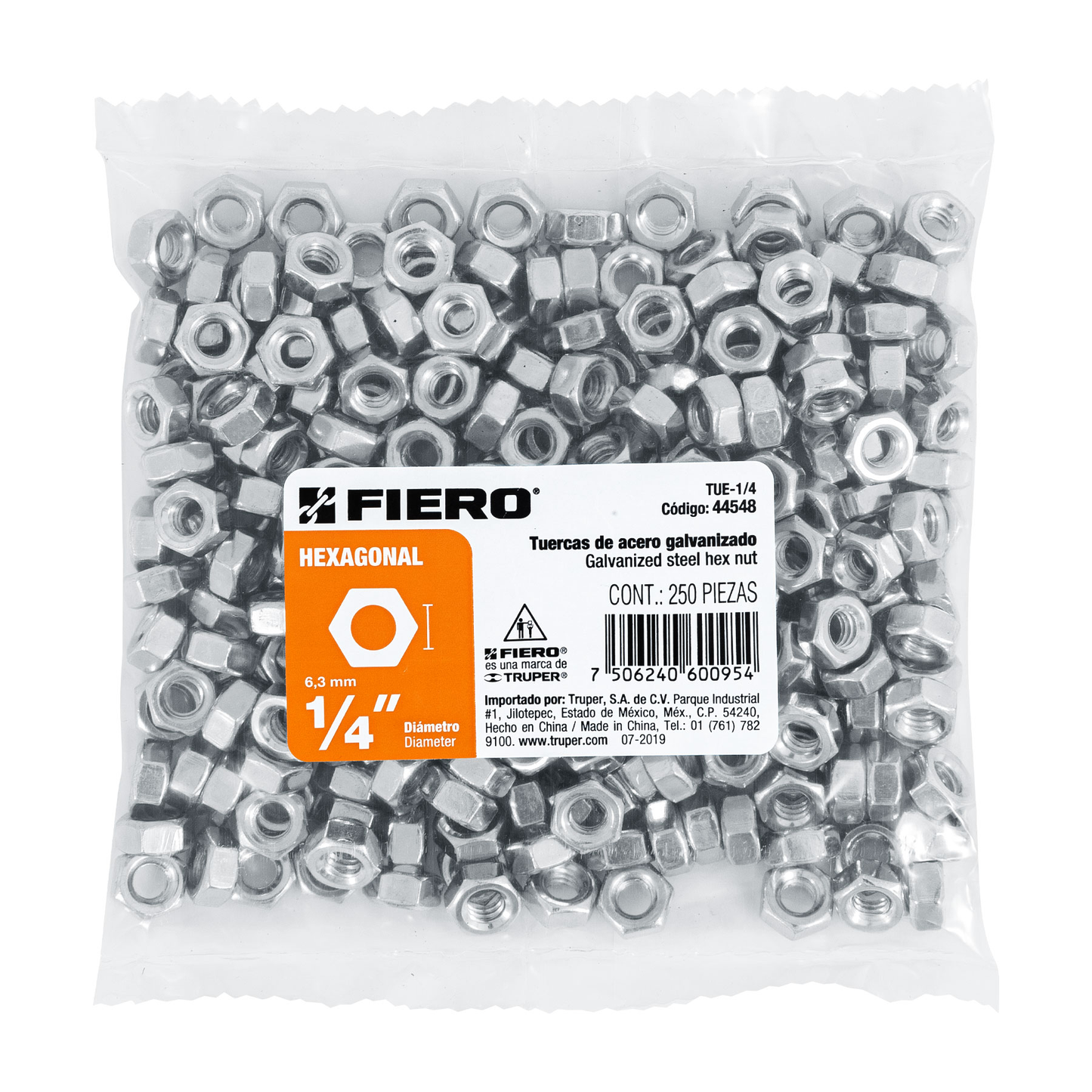 Tuerca de acero galvanizado hexagonal de 1/4", 250 pzas