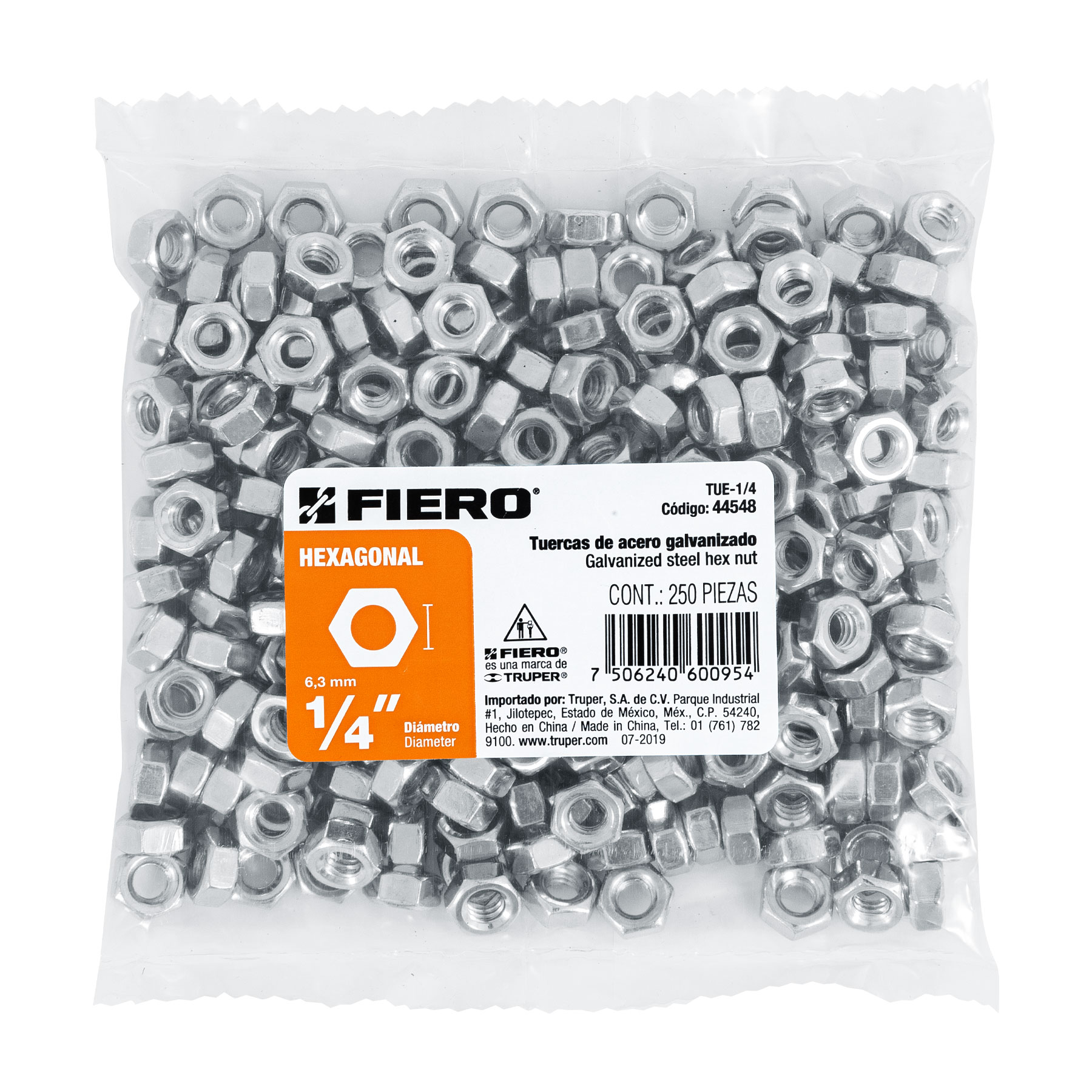 Tuerca de acero galvanizado hexagonal de 1/4", 250 pzas