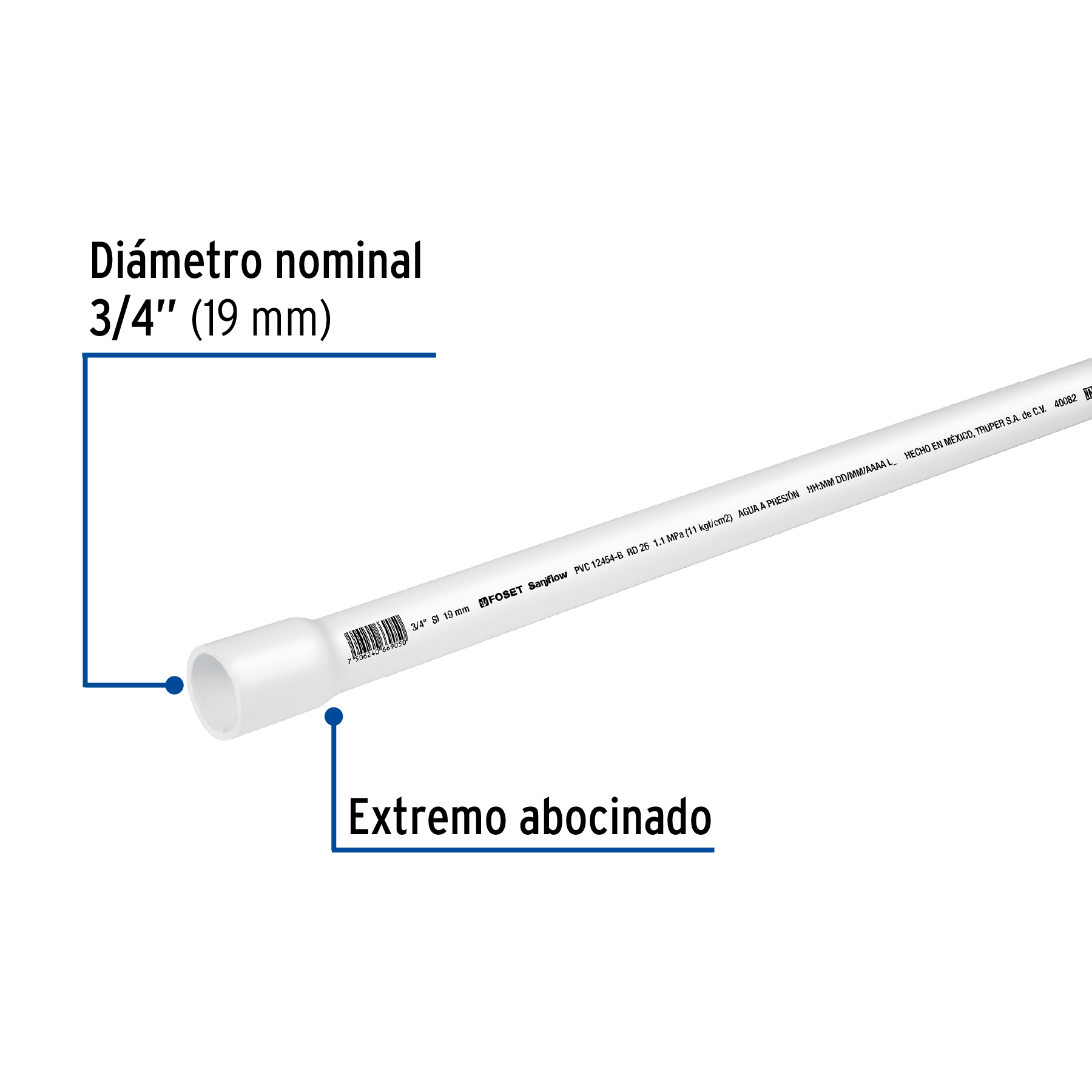 Tubo hidráulico PVC, 3/4", RD 26, 3 metros