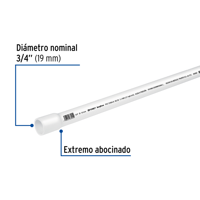 Tubo hidráulico PVC, 3/4", RD 26, 3 metros
