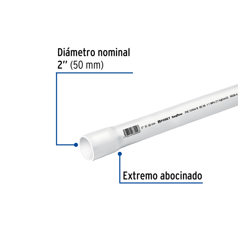 Tubo hidráulico PVC, 2", RD 26, 3 metros