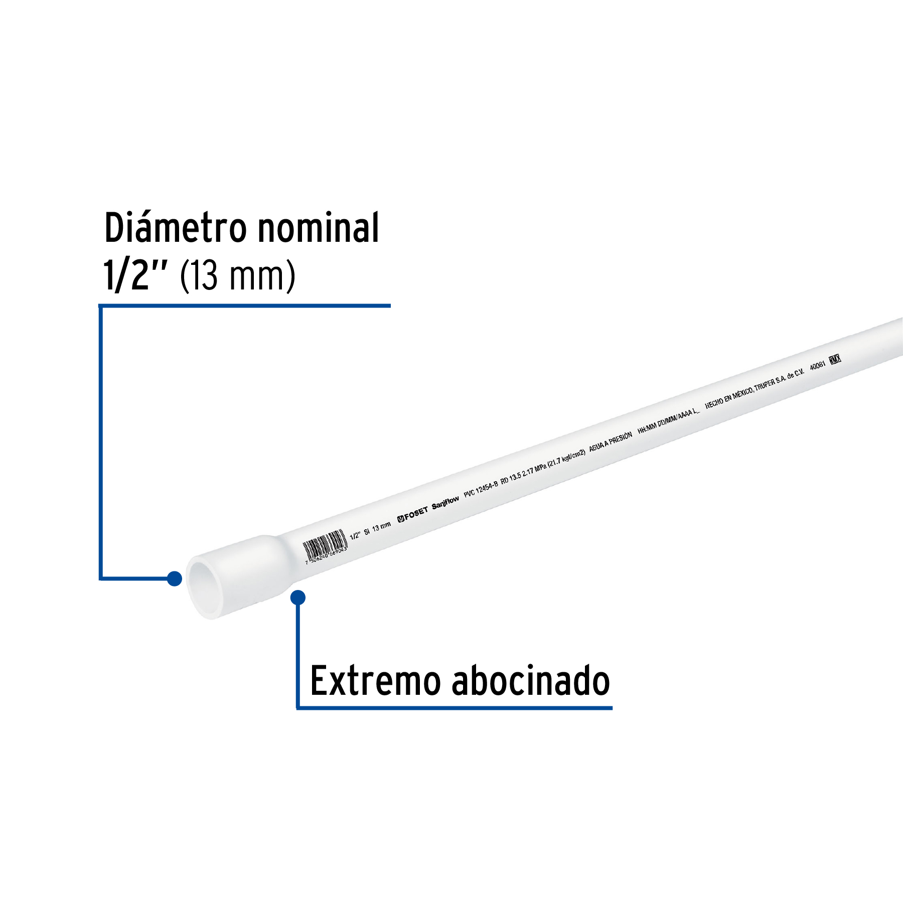 Tubo hidráulico PVC, 1/2", RD 13.5, 3 metros