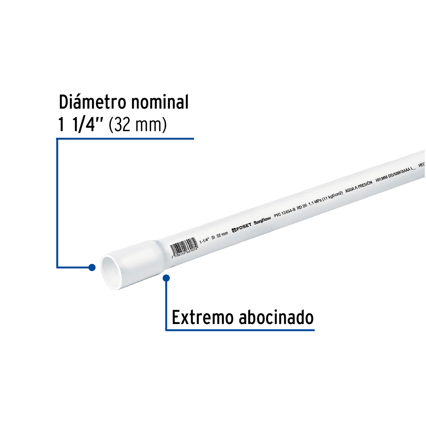 Tubo hidráulico PVC, 1-1/4", RD 26, 3 metros