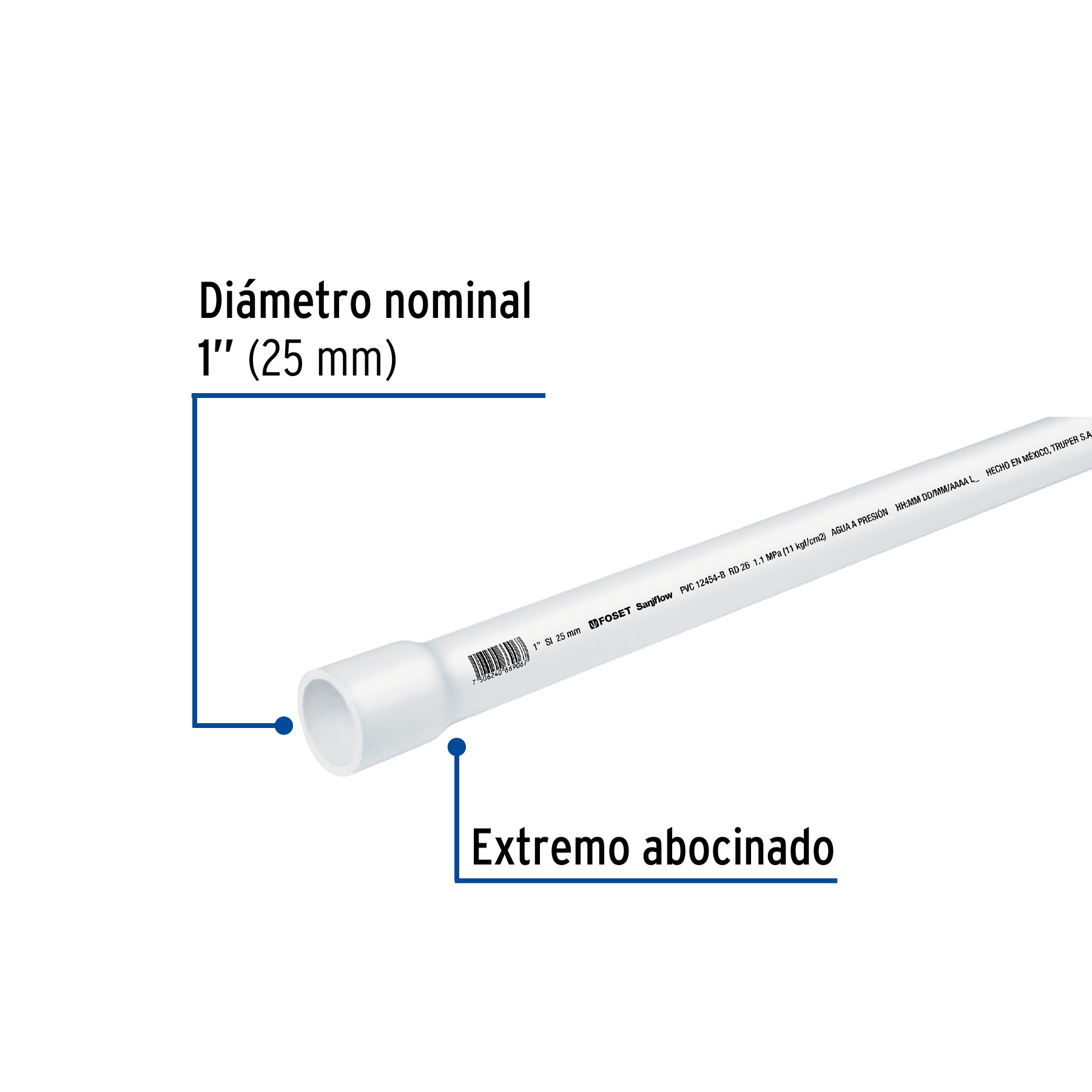 Tubo hidráulico PVC, 1", RD 26, 3 metros