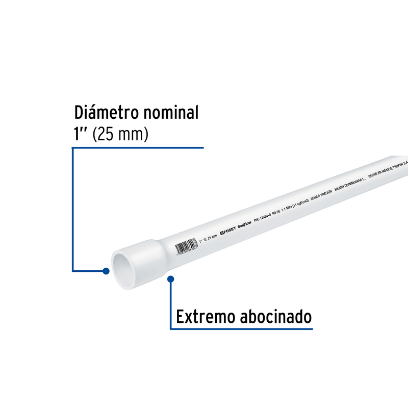 Tubo hidráulico PVC, 1", RD 26, 3 metros